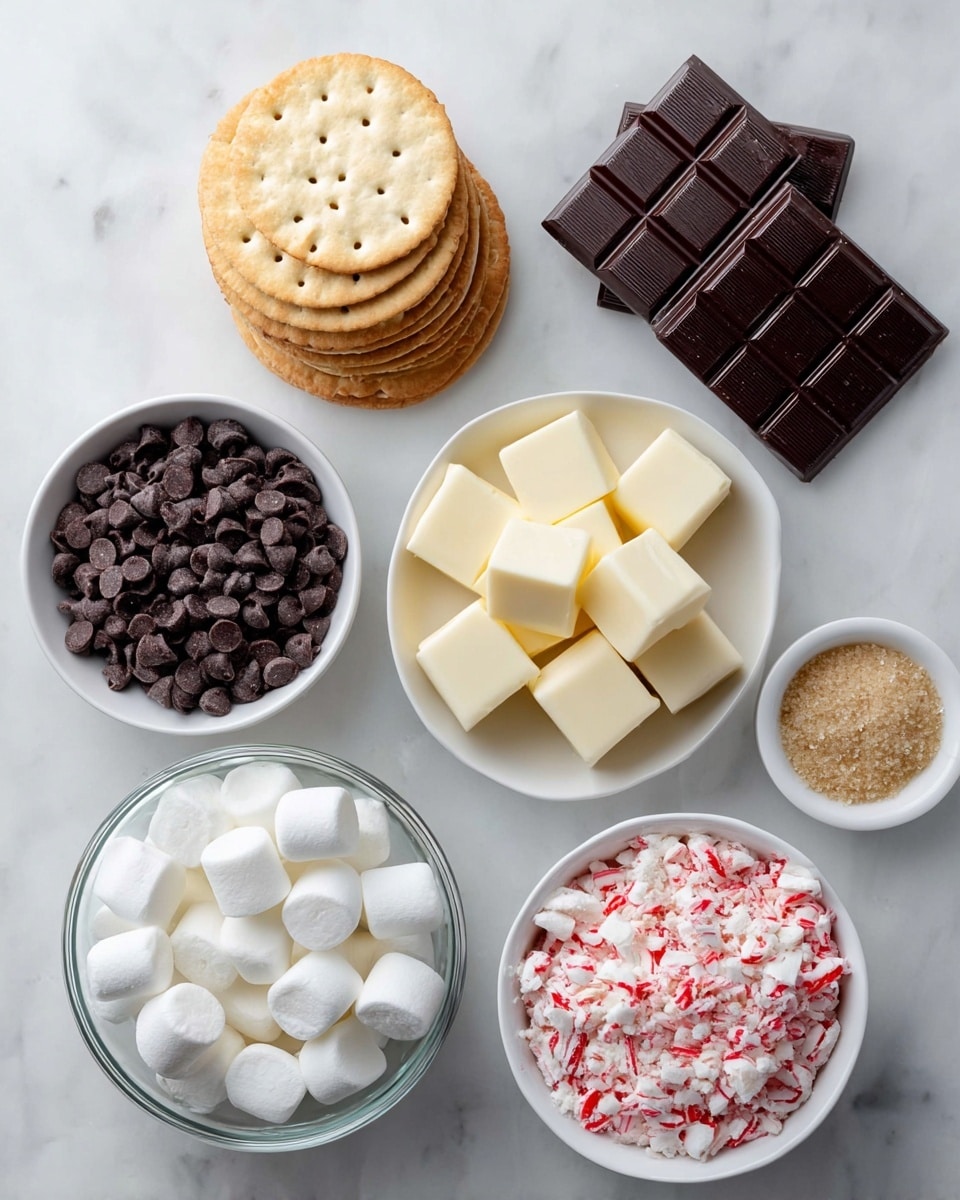 The image shows seven small groups of ingredients arranged neatly on a white marbled surface. There is a stack of round, light beige crackers with a slightly browned edge on the top left. To the right of the crackers are two square pieces of dark chocolate with a rich, deep brown color and shiny texture. Below the chocolate is a white bowl filled with pale yellow cubes of butter. To the bottom left, a white bowl contains small, dark brown chocolate chips. Next to it, in the center, a very small white bowl is filled with fine, light brown granulated sugar. Below the sugar, a clear glass bowl holds small, fluffy white marshmallows. Finally, on the bottom right, a white bowl is filled with crushed red and white peppermint candies. photo taken with an iphone --ar 4:5 --v 7