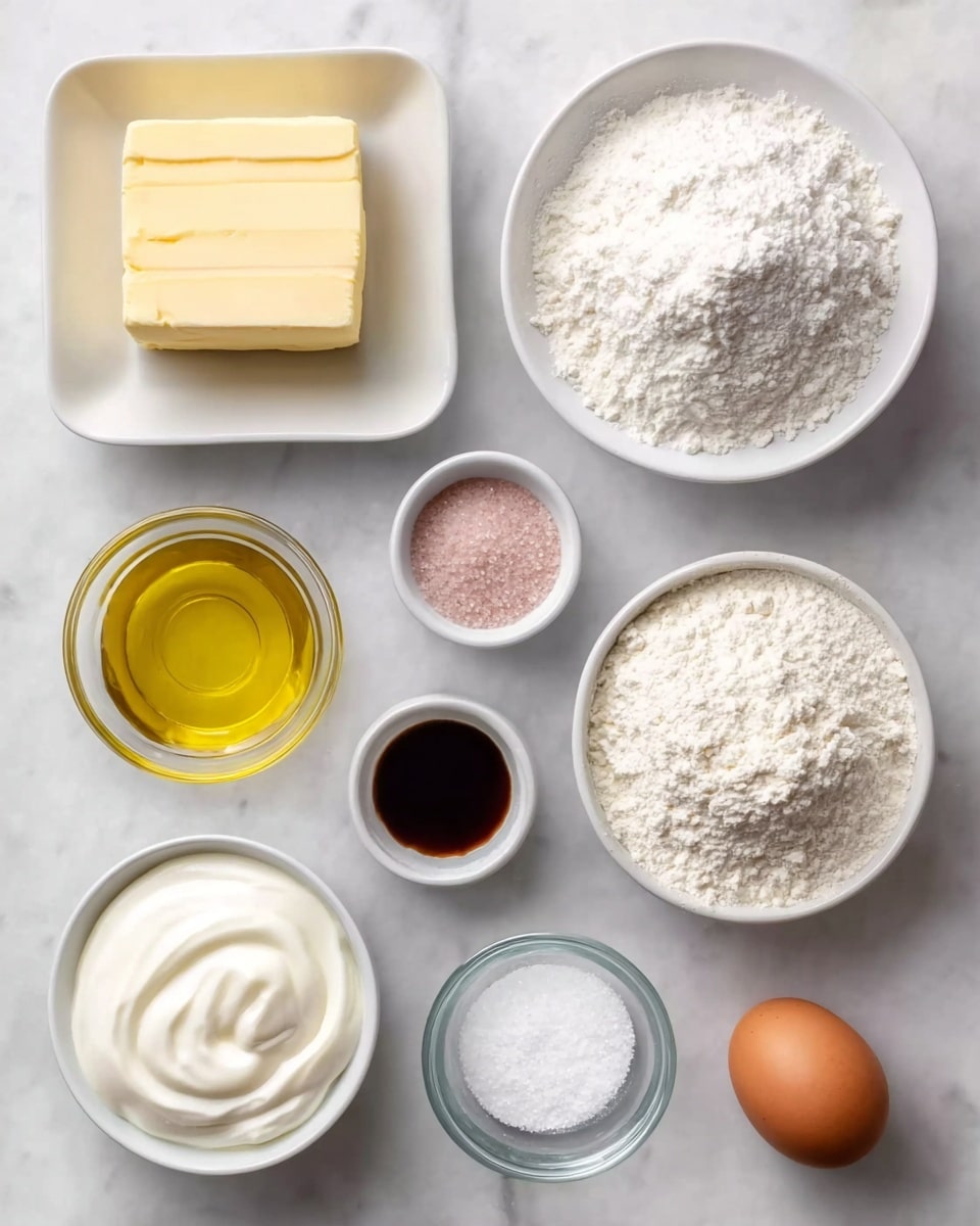 The image shows eight small white bowls and one white square plate arranged neatly on a white marbled surface. On the top left, the white square plate holds a block of pale yellow butter. To its right, a white bowl is filled with a white powdery ingredient, likely baking powder or powdered sugar. Below the butter plate, there is a small white bowl with fine pink granules, possibly sugar. Next to it on the right, a larger white bowl is filled with white flour, showing a slightly rough texture. Below the pink sugar bowl is a clear glass bowl containing a golden-yellow liquid, possibly oil. To the right of that, a small white bowl holds a dark brown liquid, likely vanilla extract. At the bottom left, a white bowl contains a creamy white substance, likely yogurt or sour cream. In the center bottom, a small clear bowl has white granulated sugar. On the bottom right, a white bowl holds a single brown egg. The overall image is bright, clean, and organized. photo taken with an iphone --ar 4:5 --v 7