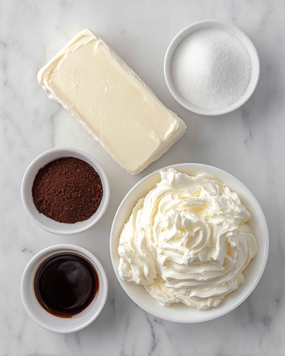 The image shows five white bowls and a block placed on a white marble textured surface. At the top left is a large rectangular block of pale yellow cream cheese. To its right are two small white bowls, the upper one filled with fine white granulated sugar and the lower one with dark brown vanilla extract. Below them, at the bottom left, is a small white bowl holding a dark brown spice mix. At the bottom center, a medium white bowl is piled high with soft white whipped cream with a fluffy texture and swirling peaks. The arrangement is neat and well-spaced with a clear view of each ingredient. photo taken with an iphone --ar 4:5 --v 7