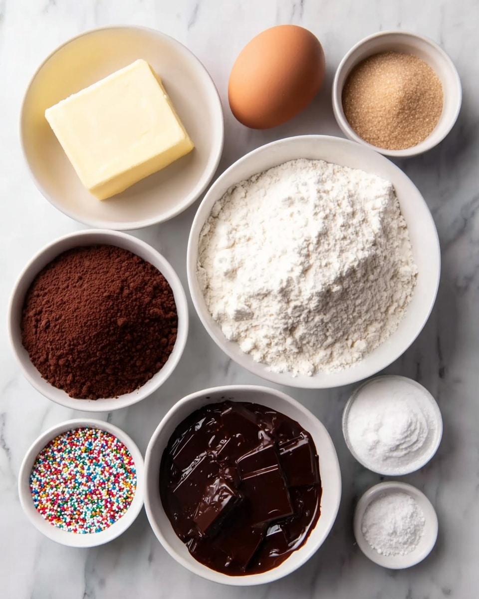 The image shows eight ingredients on a white marbled surface arranged neatly. There is a small square block of pale yellow butter on a white plate in the top left. To the right, an uncracked brown egg stands beside a small white bowl filled with light brown sugar crystals. Below them is a large white bowl heaped with white flour, and to its left, a white bowl holds dark brown cocoa powder. Near the bottom, there are three small white bowls: one with colorful round sprinkles, one with fine white granulated sugar, and one with salt. Lastly, a white bowl contains shiny, smooth dark brown melted chocolate. photo taken with an iphone --ar 4:5 --v 7