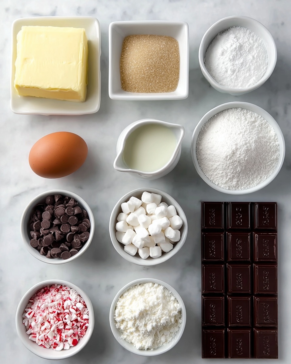 Peppermint Bark Cookies Recipe 4 The image shows eleven ingredients arranged neatly on a white marbled surface. Starting from the top left, there is a square block of pale yellow butter next to a brown egg, followed by a small white bowl filled with light brown sugar. Below them, a small white pitcher contains a little milk, beside a white bowl filled with white granulated sugar, and a rectangular dark chocolate bar divided into twelve sections. Below this row, a small white bowl holds dark chocolate chips, next to a bowl of fine dark brown cocoa powder, and another bowl filled with small white chocolate chips. At the bottom row, there is a white bowl filled with white flour and next to it, a bowl with crushed candy canes in white with red streaks. All bowls and containers are white, sitting on a clean white marbled surface. photo taken with an iphone --ar 4:5 --v 7