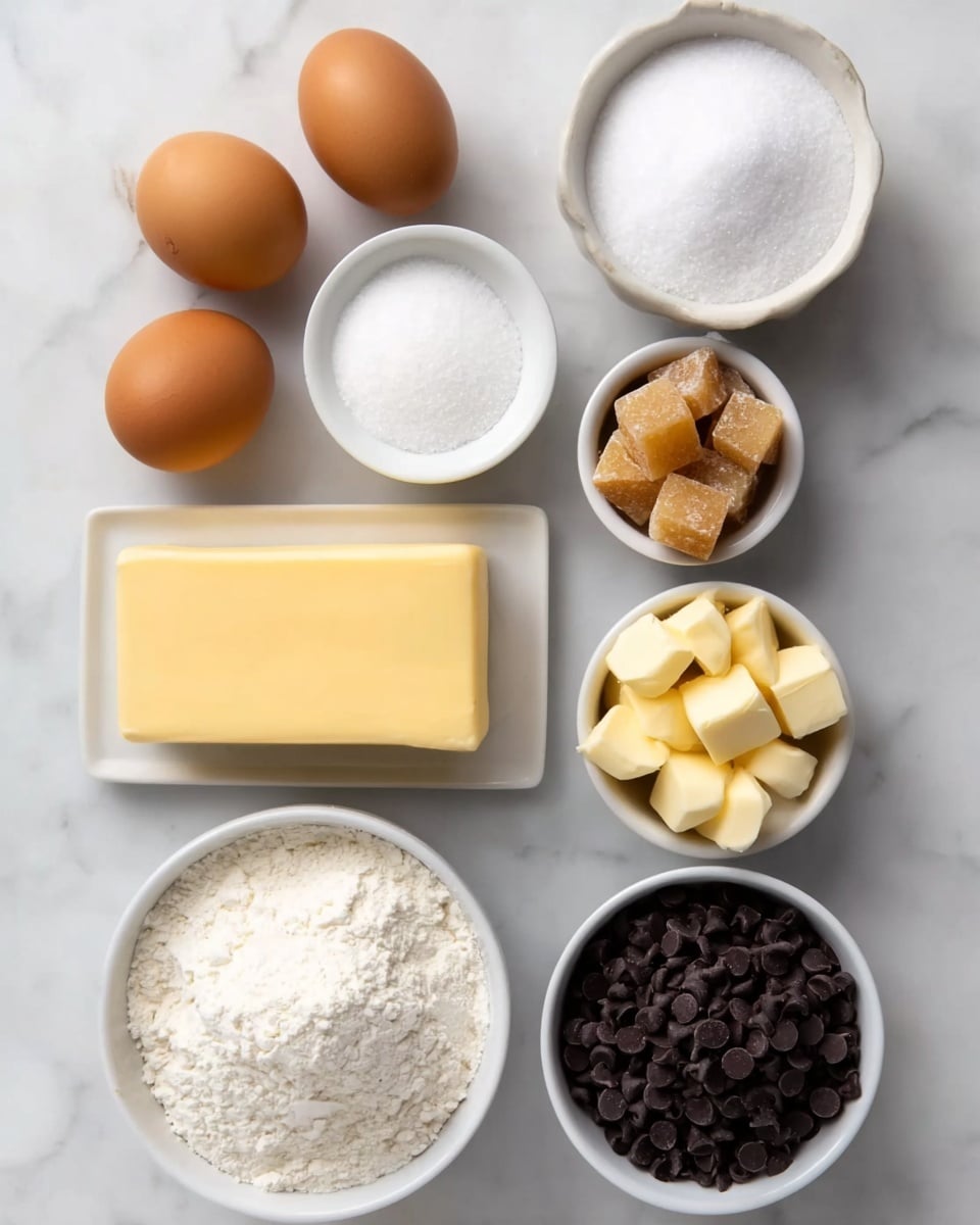 Salted Caramel Chocolate Chip Cookie Bars Recipe 4 The image shows eight white bowls and plates placed on a white marbled surface. At the top left, there are two brown eggs next to a small white bowl filled with granulated white sugar. To the right of the sugar bowl, there is a small white bowl with brown sugar cubes. Below the eggs and sugar, a square block of pale yellow butter is centered on a white plate. Next to the butter on the right, a white bowl is filled with dark chocolate chips, and below it, another small white bowl holds small cubes of pale yellow butter. At the bottom left, there is a white bowl filled with white flour, and next to it on the right is a white bowl containing coarse white salt. The arrangement is neat and evenly spaced. photo taken with an iphone --ar 4:5 --v 7