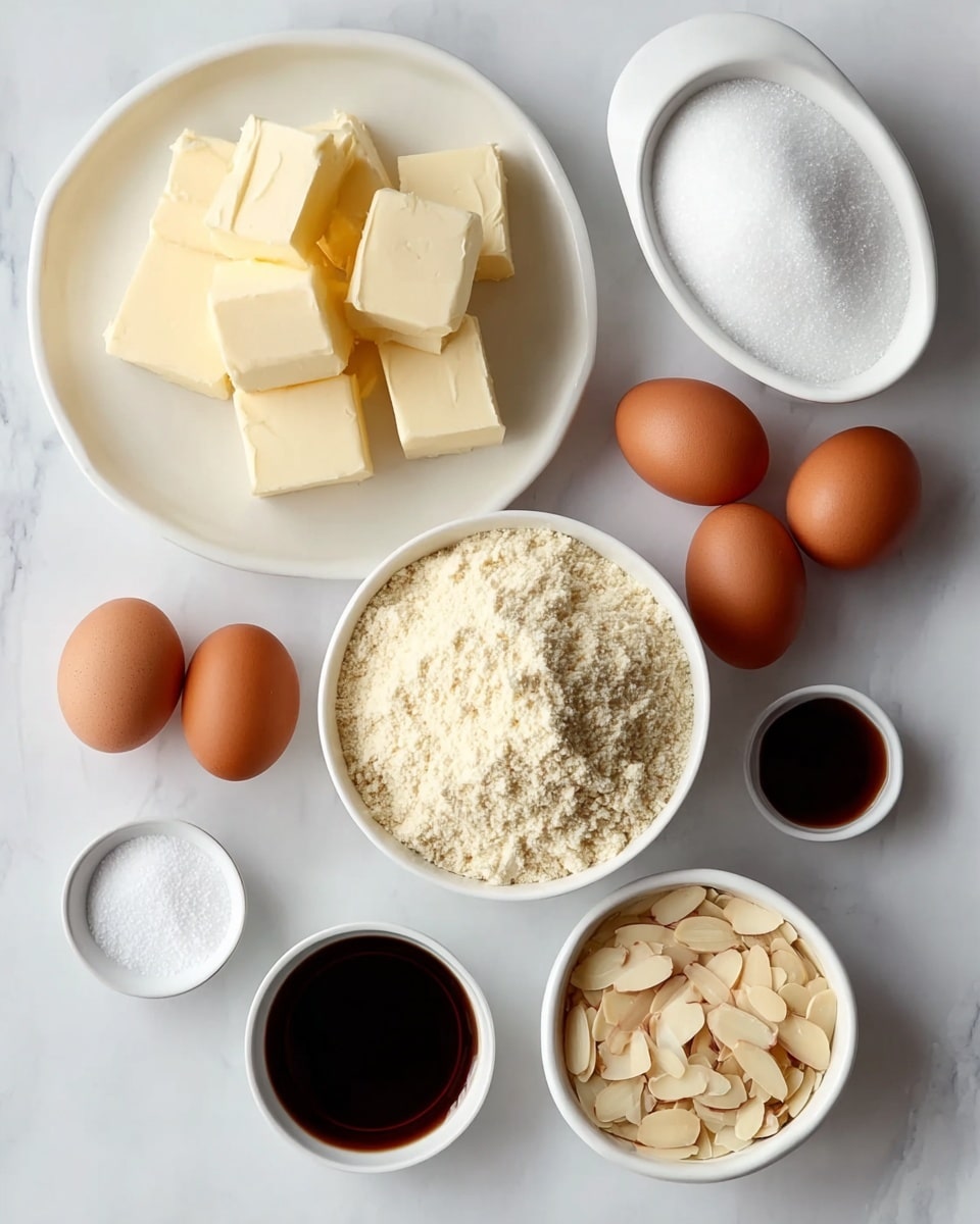 Almond Butter Cookies with Sliced Almond Topping Recipe 4 A top view of eight baking ingredients arranged neatly on a white marbled surface, including three brown eggs positioned near the middle left, a white plate filled with thick, pale yellow butter cubes in the upper left corner, and a white bowl piled with fine white flour near the center right. Above the flour bowl, a white bowl contains white granulated sugar, while below the eggs, there is a small white bowl of coarse salt, next to it a small white bowl filled with dark brown liquid, likely vanilla extract, and a small white bowl with light beige almond slices to the bottom right. photo taken with an iphone --ar 4:5 --v 7