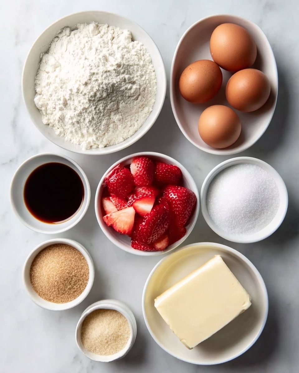 Strawberry Shortbread Cookies Recipe 4 The image shows seven small white bowls placed on a white marbled surface. The top left bowl is filled with white flour, and next to it on the right is a bowl holding four brown eggs. Below the flour is a bowl of bright red, chopped strawberries. To the right of the strawberries is a bowl with dark brown vanilla extract. Below the vanilla is a small bowl of light brown sugar, and next to it is a bowl full of white granulated sugar. At the bottom left, there is a white plate with a thick square block of pale yellow butter. The bottom right bowl contains white powdered ingredients, likely baking powder or powdered sugar. photo taken with an iphone --ar 4:5 --v 7