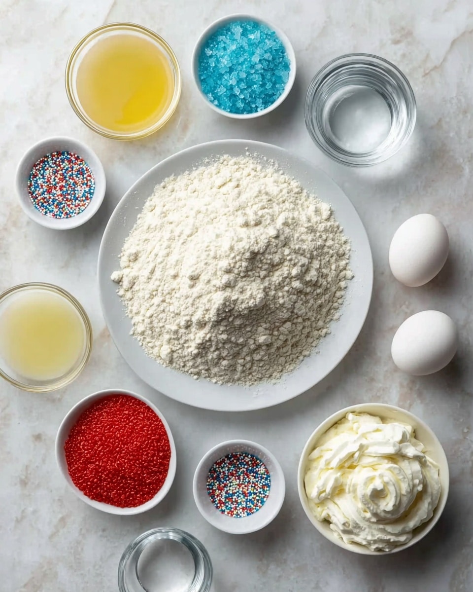 The image shows a white plate filled with a large pile of flour with a soft, powdery texture positioned on the right side of a white marbled surface. Surrounding the plate are six small white bowls: one with bright blue sugar granules, one with light yellow liquid, one with red sugar granules, one with orange-yellow liquid, one filled with colorful round sprinkles, and one with a swirl of white whipped cream. There are also two whole white eggs and a clear glass bowl of water scattered near the top. The overall scene is neatly arranged with a bright and clean look. photo taken with an iphone --ar 4:5 --v 7