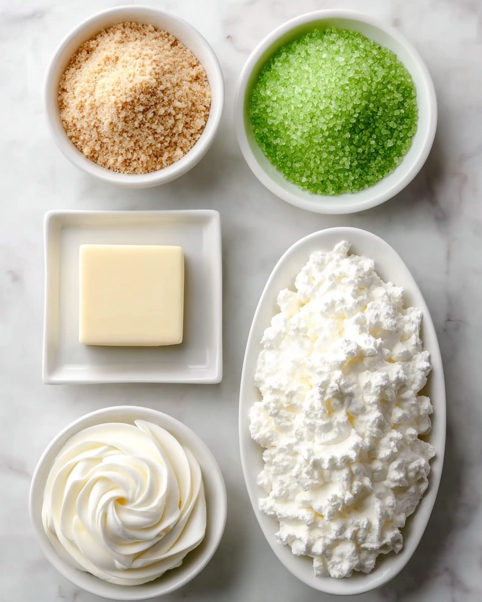 Lime Jello Pie Recipe 4 The image shows five small white dishes on a white marbled surface. At the top left is a bowl filled with light brown crumbly crumbs. To its right is a bowl with bright green coarse sugar crystals. Below them, on the left, is a square white plate holding a solid pale yellow block of butter. On the bottom left is a small bowl filled with smooth, creamy white whipped cream, and on the right side is a longer oval white dish heaped with fluffy, white whipped topping. The arrangement is neat and the textures vary from crumbly to creamy to coarse crystals. photo taken with an iphone --ar 4:5 --v 7