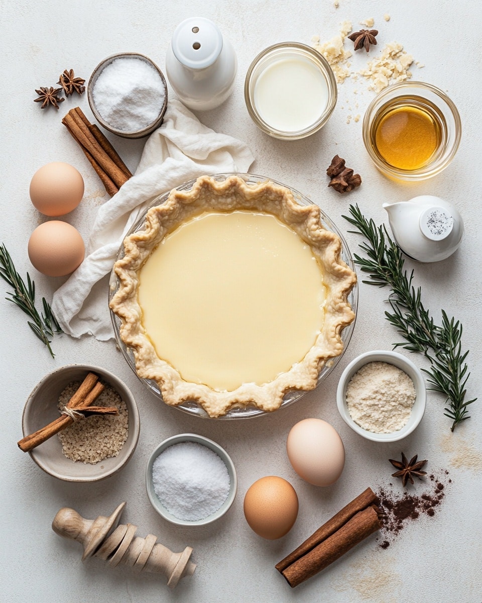 Christmas Eve Cinnamon-Vanilla Custard Pie Recipe 4 A slice of pie on a white plate with a crumbly light brown crust forming the base and edges, filled with a thick creamy off-white layer that looks smooth and dense, topped by a shiny, slightly translucent yellow layer with a dusting of brown powder, crowned with a small swirl of white whipped topping sprinkled lightly with the same brown powder; the background includes blurry warm lights and a whole pie on a white plate on a white marbled surface photo taken with an iphone --ar 4:5 --v 7