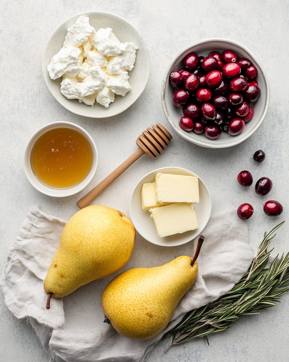 Baked Pears with Goat Cheese, Honey, and Cranberries Recipe 4 The image shows two pear halves placed on a white plate with a shiny glaze on the pear skin. Each pear half is filled with a soft, creamy white cheese in the hollowed center. On top of the cheese, there are small, dark red berries and tiny green rosemary sprigs. The pears and cheese are sprinkled with small, crumb-like reddish pieces, and a few individual dark red berries are scattered around the plate. The background is a white marbled surface. photo taken with an iphone --ar 4:5 --v 7