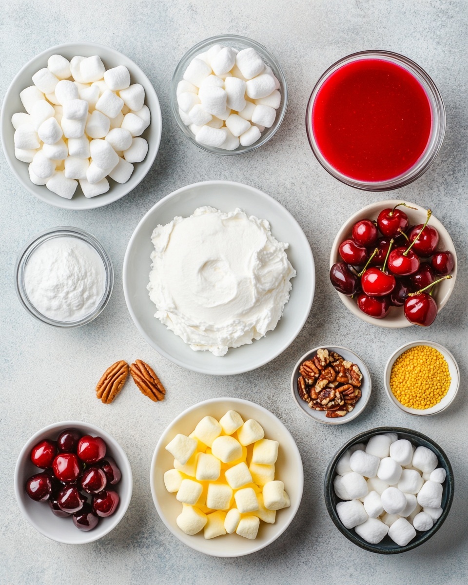 Cherry Fluff Recipe 4 A white bowl filled with a fluffy, light pink mixture that looks creamy and thick, with small red bits mixed inside. On top, there is a bright red cherry placed in the middle, and a few white mini marshmallows scattered around the bowl. In the background, a clear glass bowl is filled with the same pink creamy mixture and white marshmallows. Another white bowl in the foreground is full of shiny, red cherries with stems. The whole scene is set on a white marbled surface. photo taken with an iphone --ar 4:5 --v 7