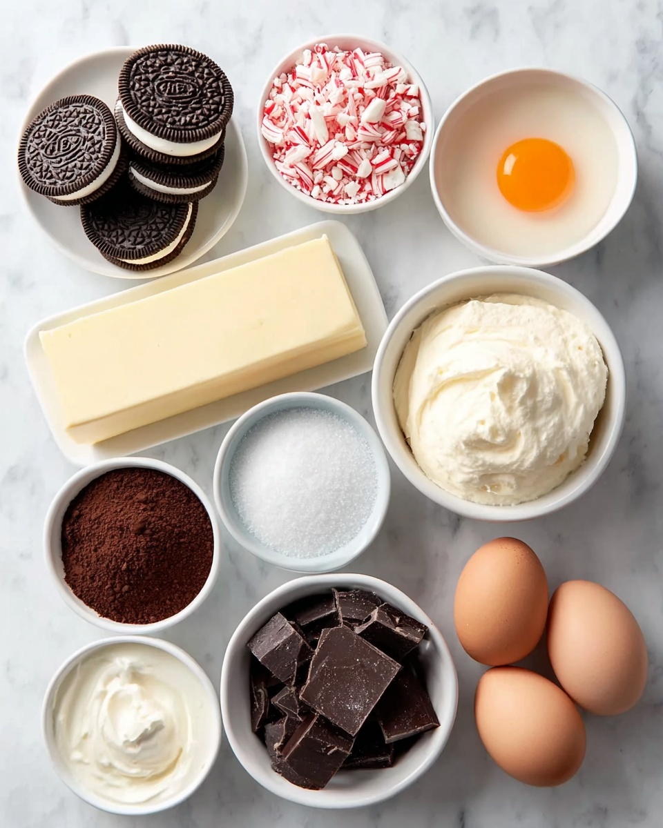 Chocolate Peppermint Cheesecake Recipe 4 The image shows several ingredients arranged neatly on a white marbled surface. In the upper left, a white plate holds four dark chocolate sandwich cookies with cream filling. To the right, in a white bowl, there is a raw egg with a bright yellow yolk surrounded by clear white. Below the cookies is a block of pale yellow butter, smooth and firm. Around and below the butter are six white bowls containing crushed red and white peppermint candy, white granulated sugar, white cream cheese, dark chocolate chunks, and brown cocoa powder. At the bottom right, four brown eggs lie side by side on the surface. The image is bright and clear with even lighting. photo taken with an iphone --ar 4:5 --v 7