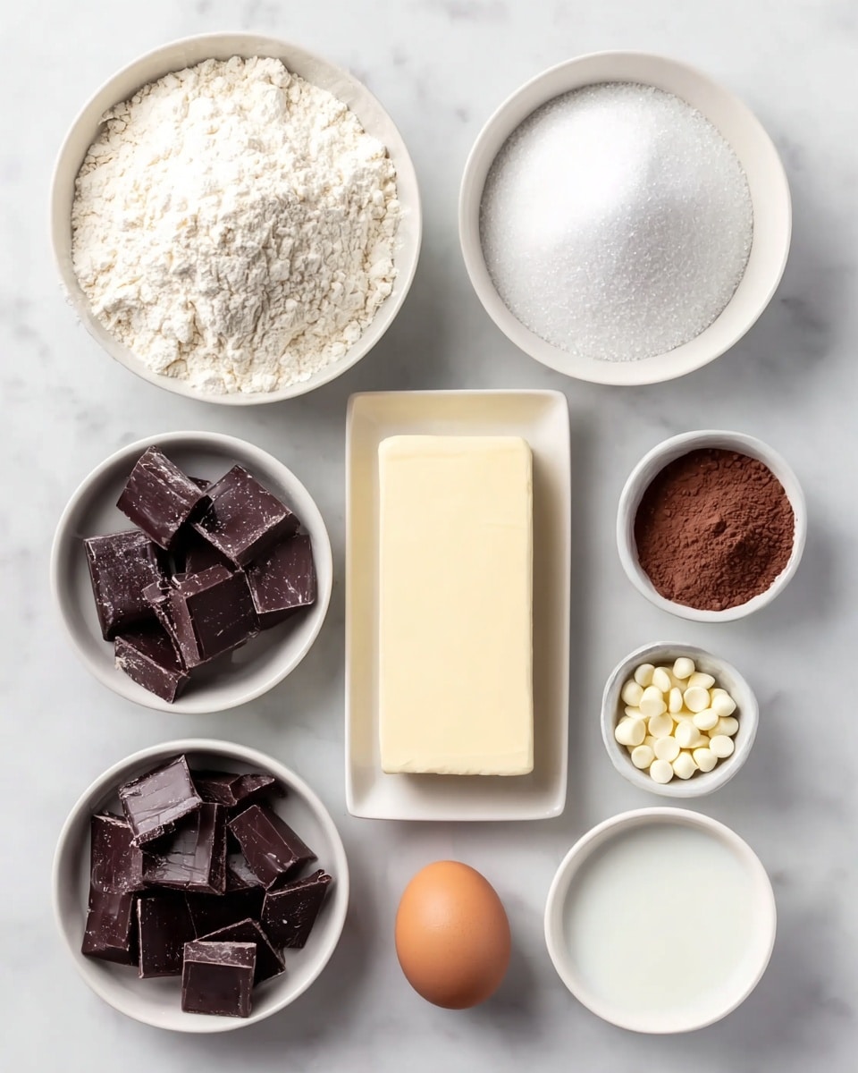 Peppermint Bark White Chocolate Cookies Recipe 4 The image shows eight white bowls and one white rectangular dish arranged neatly on a white marbled surface. From top left to bottom right: a bowl full of white flour, a bowl filled with granulated sugar, a small bowl of salt, a small bowl of fine brown powder, a rectangular dish holding a pale yellow block of butter, a bowl with dark brown small chunks that look like chopped chocolate, a bowl filled with white chocolate chips, a whole brown egg placed next to a small bowl of a white liquid, and finally a bowl holding dark brown square pieces of chocolate. The items are evenly spaced, creating an organized and clean presentation. photo taken with an iphone --ar 4:5 --v 7