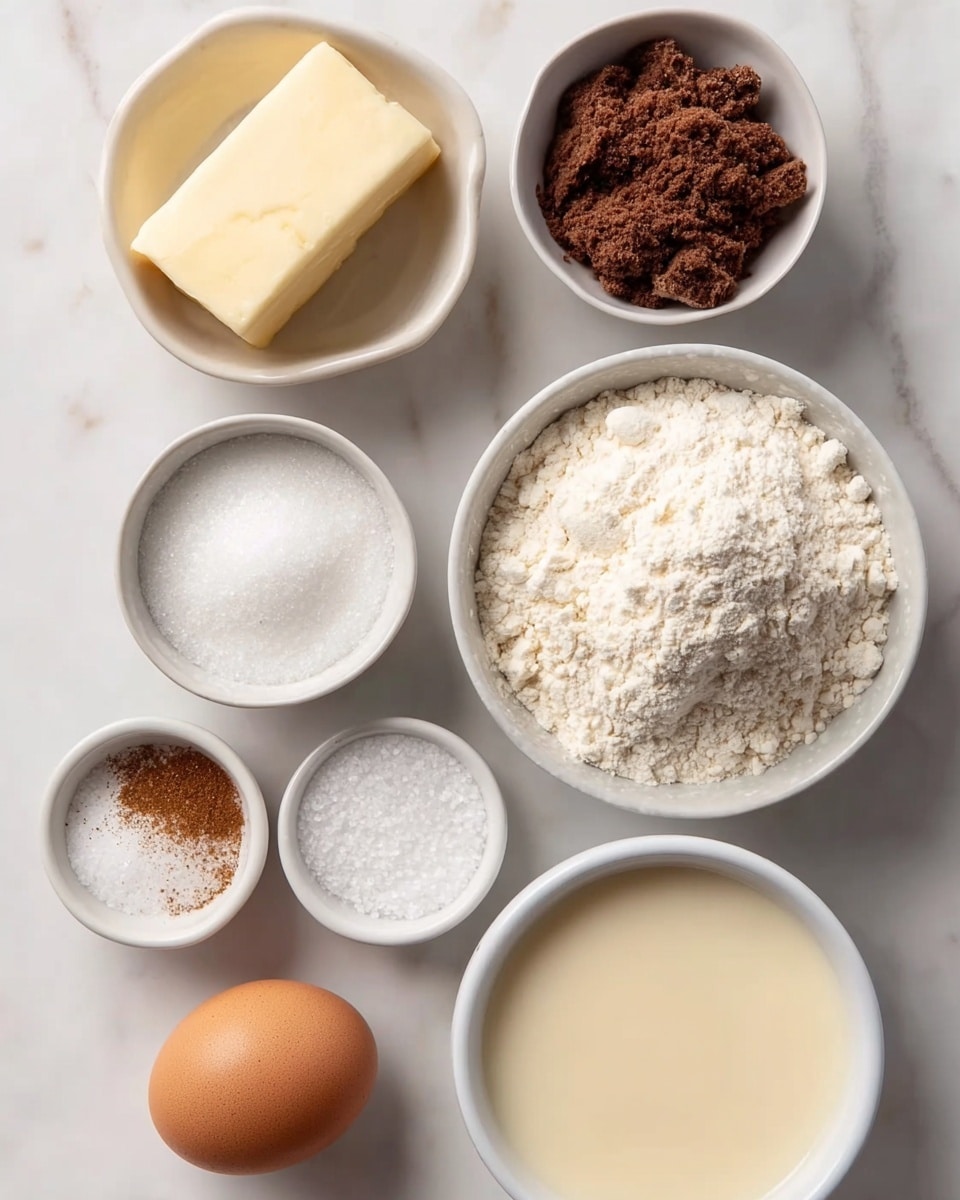 Eggnog Cookie Bars with Creamy Frosting Recipe 4 The image shows seven small white bowls and one brown egg placed on a white marbled surface. The top left bowl holds a block of pale yellow butter with smooth texture. Next to it on the right, a bowl is filled with coarse, crumbly brown sugar. Below the butter, the brown egg sits directly on the surface. Near the egg, two tiny bowls contain white granulated sugar and fine salt. To the bottom left, a bowl has white sugar sprinkled with a light brown spice on top. Finally, the largest bowl on the right side is filled with off-white flour that looks soft and powdery, and next to it is another bowl with thick white cream or milk. The arrangement is neat and all items contrast gently with the white marbled surface photo taken with an iphone --ar 4:5 --v 7