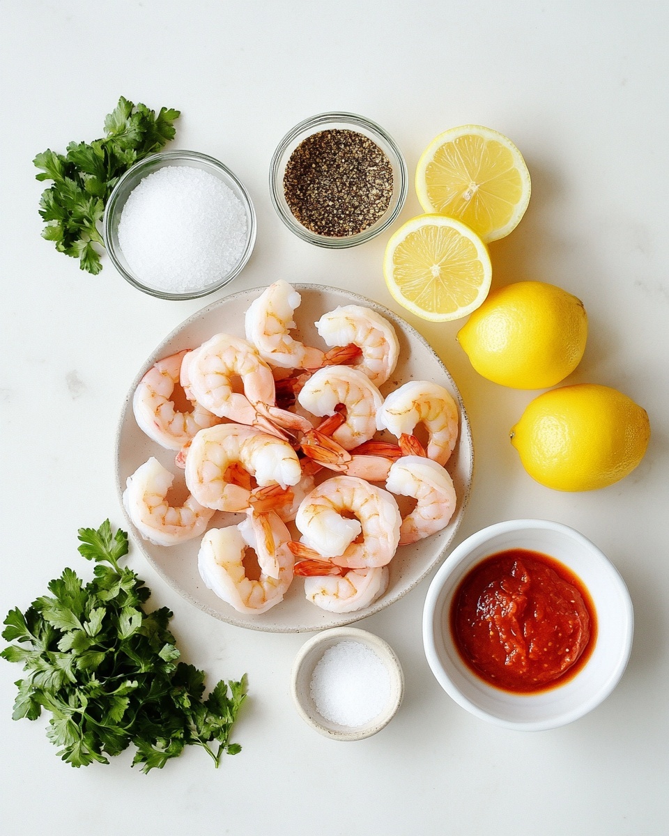 A round white plate holds a ring of pink and white cooked shrimp arranged over a layer of crushed ice with their tails facing outwards. Inside the shrimp ring, a small white cup filled with thick, glossy reddish-brown cocktail sauce sits in the center with a silver spoon resting inside it. To one side of the plate, bright green parsley leaves add color, while thick yellow lemon wedges sit near the bottom edge. The plate is placed on a white marbled surface. photo taken with an iphone --ar 4:5 --v 7