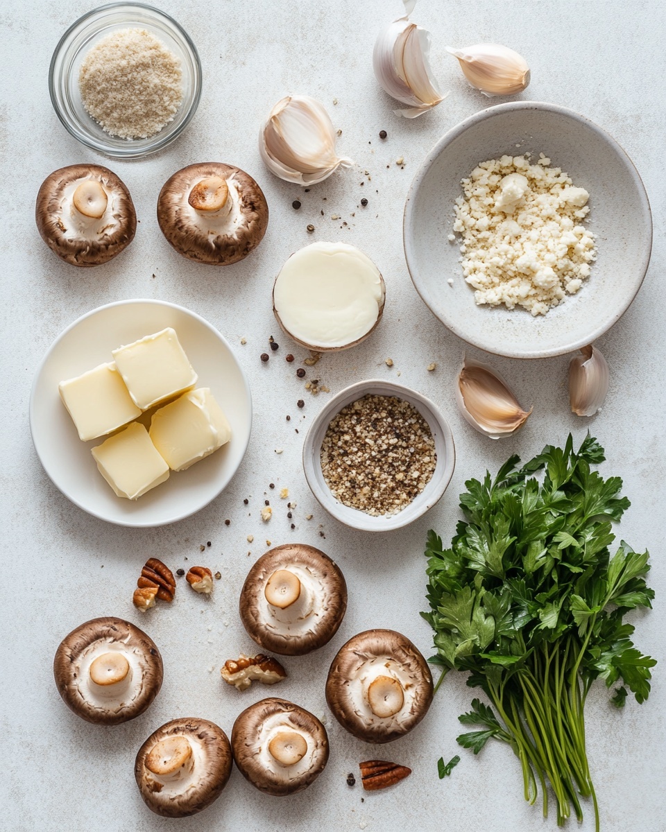 The image shows a close-up of stuffed mushrooms arranged in rows on a baking tray with a white marbled texture. Each mushroom has one layer: a dark brown, textured mushroom cap filled with a creamy, off-white stuffing mixed with small pieces of green herbs and chopped nuts. The tops of the stuffing are slightly rough and sprinkled with extra small nuts and herb bits, giving a contrast in texture and a fresh look. The mushrooms are moist with some small pools of brownish liquid around their bases. The overall scene has warm, natural lighting and a shallow depth of field, making the front mushrooms sharp and the back ones softly blurred. photo taken with an iphone --ar 4:5 --v 7