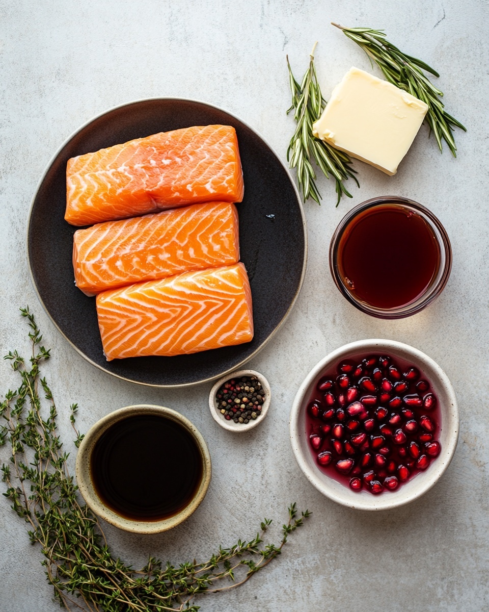 A large piece of cooked salmon with a golden brown, slightly shiny surface sits on a smooth white plate. The salmon is partly shredded on one end, showing its soft, pink, flaky inside. Bright red pomegranate seeds are scattered over the fish and around the plate, adding pops of color. Fresh green mint leaves and small strands of yellow zest rest on top of the salmon near one side. Two metal forks lie on the plate and alongside, and the plate rests on a red cloth with white polka dots, all placed on a white marbled table surface. Photo taken with an iphone --ar 4:5 --v 7