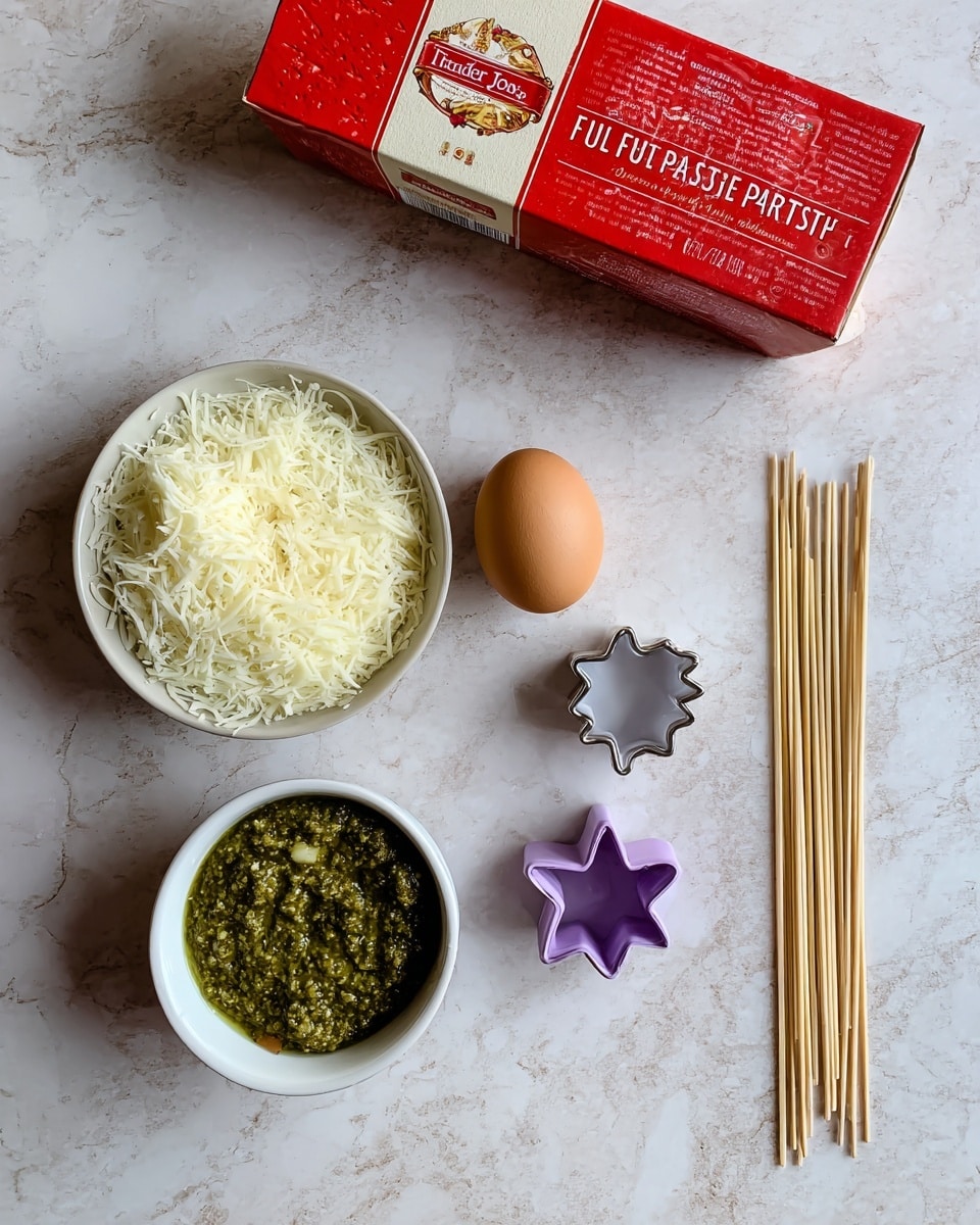 The image shows cooking ingredients arranged neatly on a beige textured surface. A long red box of Trader Joe's puff pastry is at the top, featuring text and a small photo of a puff pastry tart on the right. Below the box, two small white bowls sit side by side, the left one filled with shredded cheese, the right one with green pesto sauce. To the left of the bowls, there is one brown egg. To the right of the bowls, a stack of wooden skewers lies vertically, next to a pink and silver star-shaped cookie cutter. A light gray cloth is partially visible in the lower-left corner. The overall setup is clean and organized, prepared for cooking photo taken with an iphone --ar 4:5 --v 7