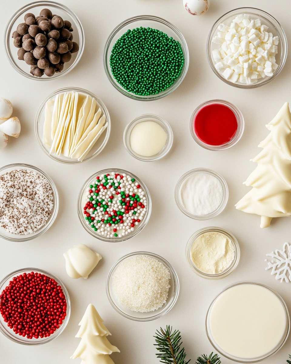 Little Debbie Christmas Tree Cake Truffles Recipe 4 A round white plate holds ten small round treats covered in smooth white icing. Each treat is decorated with three thin diagonal red icing stripes evenly spaced on top. Tiny green sugar sprinkles and small black specks are scattered across the white icing, adding texture and color contrast. One treat is slightly separated at the top right corner, showing its round shape clearly. The plate sits on a white marbled surface with soft warm lighting creating a cozy atmosphere. photo taken with an iphone --ar 4:5 --v 7