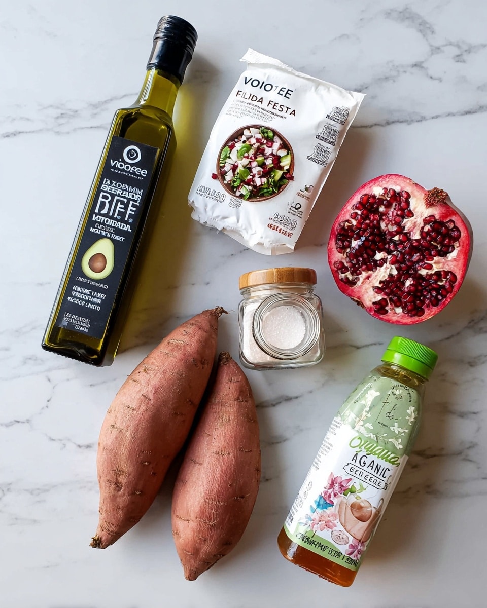 The image shows six ingredients laid out on a white marbled surface: a green-topped bottle of avocado oil on the left, a white package labeled