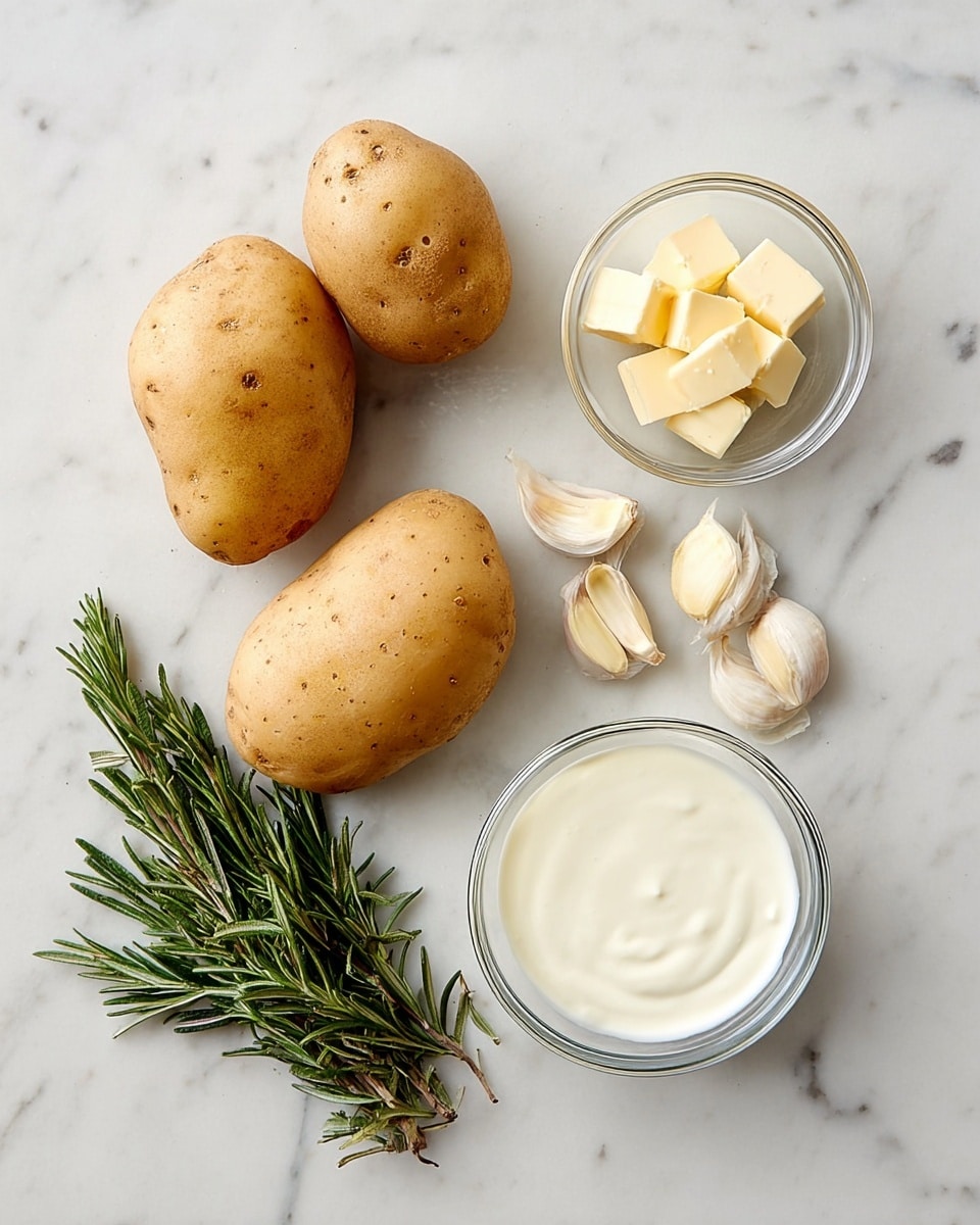The image shows three whole potatoes with light brown skin arranged close to each other on a white marbled surface. Near them, there are three garlic cloves with a pale yellow color, positioned loosely below the potatoes. To the right of the potatoes and garlic, there is a small clear glass bowl filled with square cubes of pale yellow butter. Beside the butter, a slightly larger clear glass bowl holds white cream. On the lower right side, two sprigs of fresh rosemary with green needle-like leaves lie parallel to each other. The whole setup is clean and simple with natural lighting. photo taken with an iphone --ar 4:5 --v 7