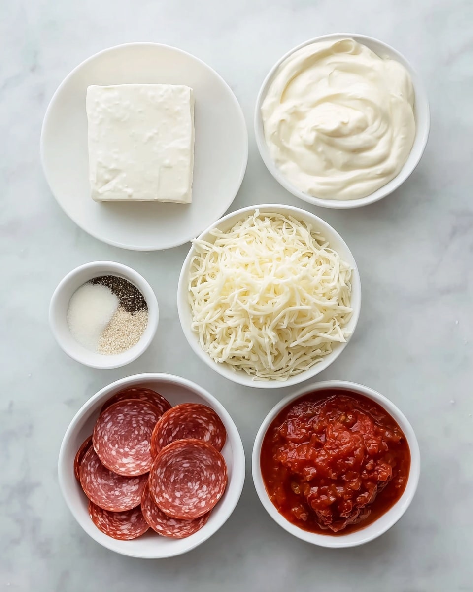 The image shows six white bowls and plates arranged neatly on a white marbled surface. On the top left, there is a white plate holding a block of white cream cheese. To the right, a white bowl with smooth white sour cream. Below the sour cream, there is a bowl filled with white shredded mozzarella cheese, and to its left, another small bowl contains four different spices arranged in small piles: black pepper, salt, garlic powder, and onion powder. Below the spices, a white bowl with two neat rows of round, thinly sliced red salami with white fat marbling. On the bottom right, another bowl is filled with chunky red tomato sauce with visible herbs mixed in. photo taken with an iphone --ar 4:5 --v 7
