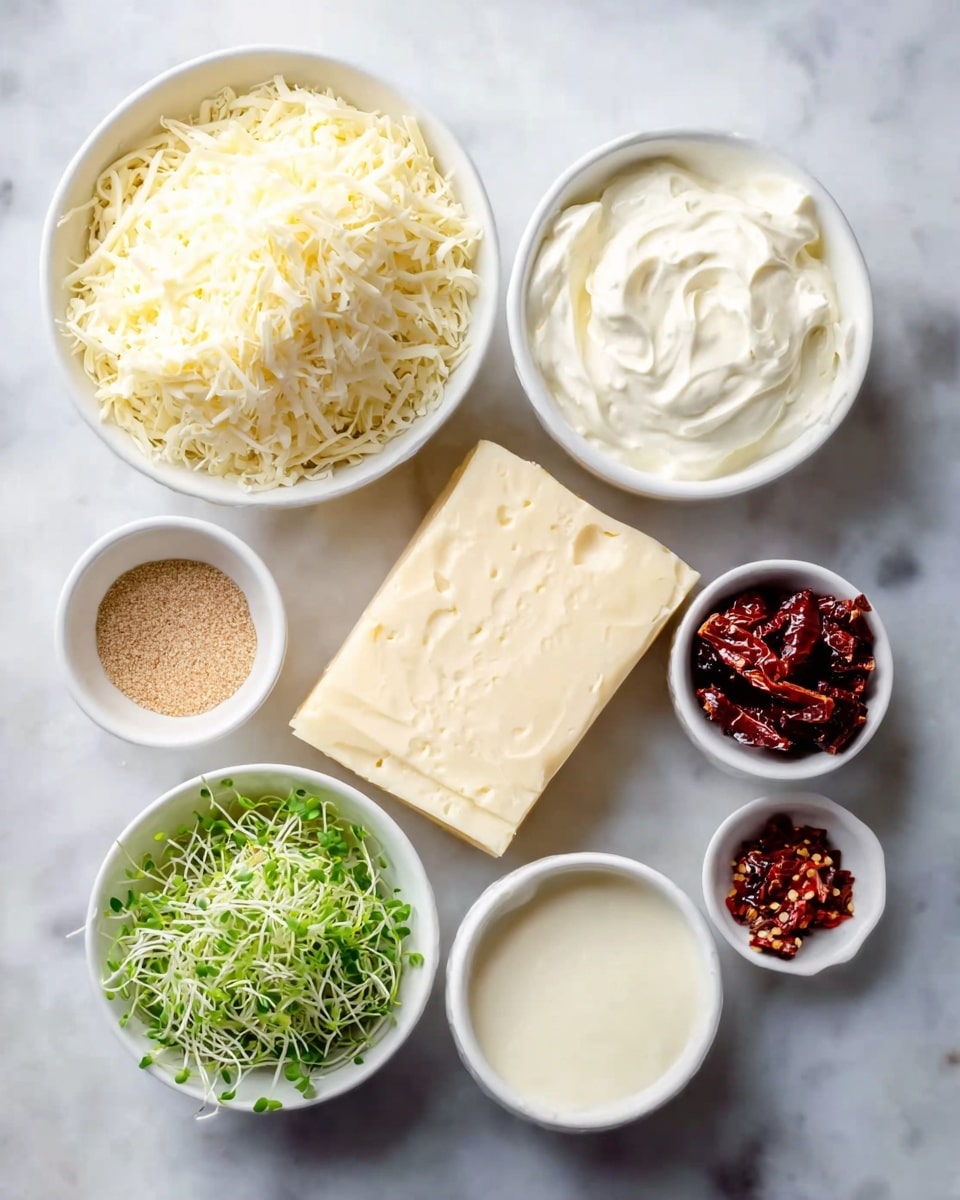 The image shows six white bowls and a large block of cheese arranged neatly on a white marbled surface. On the top left is a bowl full of finely shredded white cheese, next to it on the top right is a bowl with smooth white sour cream. In the middle is a large block of pale yellow cheese with a slightly crumbly texture. Below the block on the left is a small bowl of light brown seasoning powder, next to it is a bowl of fresh green sprouts. Below the sprouts is a bowl with a white creamy sauce, and finally on the bottom right is a bowl of dark red sun-dried tomatoes with a rough texture. All items are spaced evenly giving a clean, organized look. Photo taken with an iphone --ar 4:5 --v 7