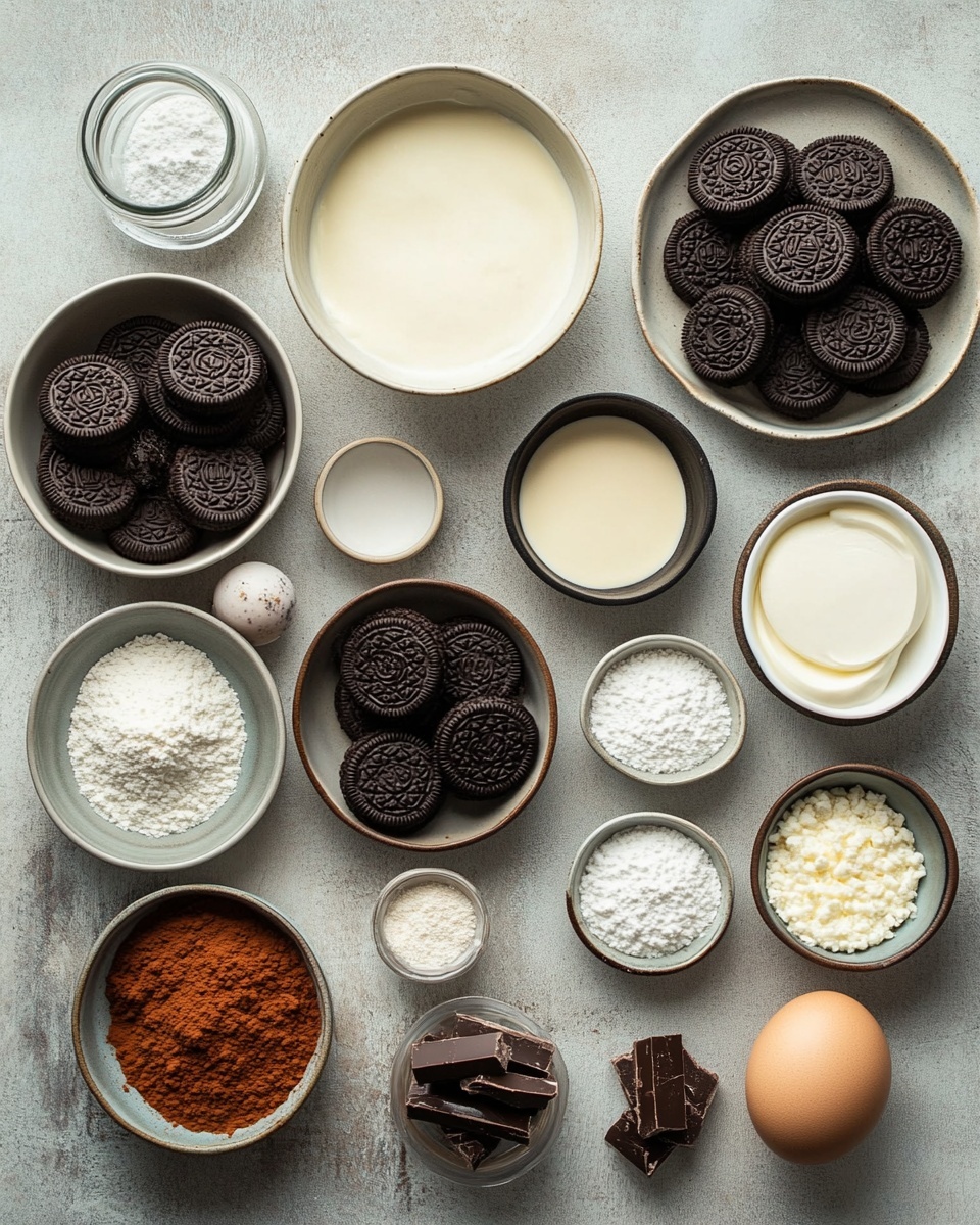 On a white marbled surface, there is a rectangular block of pale cream cheese placed at the top left. Next to it on the right is a stack of seven dark chocolate sandwich cookies with white cream fillings, showing the textured pattern on top. Below the cream cheese and cookies is a single brown egg placed upright. On the bottom left are three small white bowls: the top bowl holds a golden yellow liquid, the middle bowl contains thick white sour cream or yogurt with a smooth swirl on top, and the bottom bowl is filled with a white powder, likely powdered sugar. To the right of these bowls are two more small white bowls: one filled with small, pale yellow cubes of butter, and the other with crushed peppermint candies with red and white pieces scattered evenly. photo taken with an iphone --ar 4:5 --v 7