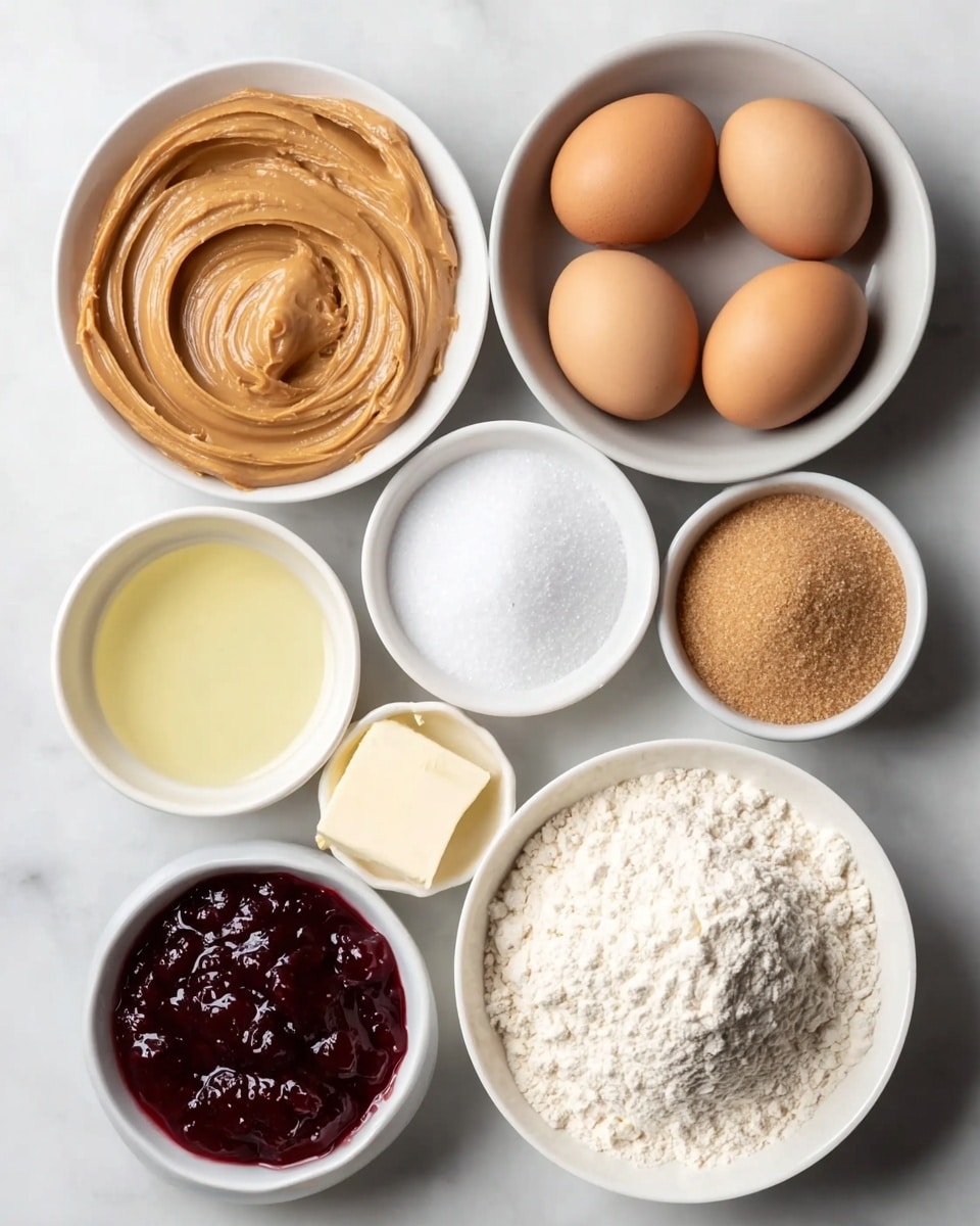 The image shows eight small white bowls arranged neatly on a white marbled surface, each filled with a different baking ingredient. At the top right, one bowl holds four brown eggs with smooth shells. To the left, a bowl contains creamy peanut butter with a swirled texture. Below that, another bowl is filled with clear, pale yellow oil. In the center is a bowl of fine white sugar with an even surface. Next to it, a bowl holds light brown sugar with a grainy texture. Below the sugar bowls, there is a bowl of deep red jelly with a shiny, slightly chunky surface. At the bottom left, a bowl contains a few slices of pale yellow butter, and to the right of it, a large bowl filled with white flour with a slight mound is placed. All the bowls are on a smooth white marbled background. Photo taken with an iphone --ar 4:5 --v 7