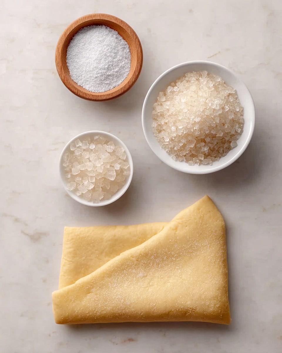 The image shows a square piece of light yellow dough with a soft and slightly flaky texture placed on a white marbled surface. Above the dough, there are three small bowls arranged in a triangle: the top left bowl is brown wood and filled with fine white sugar, the top right bowl is white and filled with coarse granulated white sugar, and the bottom left bowl is white and filled with large, translucent salt crystals. The overall look is clean and simple, with a focus on the ingredients' natural colors and textures. photo taken with an iphone --ar 4:5 --v 7