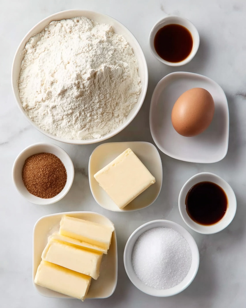 Christmas Sugar Cookies with Icing Recipe 4 The image shows seven small white bowls arranged on a white marbled surface, each holding a single baking ingredient. The largest bowl holds a large pile of white flour with a powdery texture. Next to it is a bowl with a single brown egg showing its smooth shell. Below, a bowl contains a square of pale yellow butter, soft but firm. Another bowl holds sticks of butter layered one on top of the other, creamy and smooth. One bowl has light brown, granulated sugar with a slightly coarse texture, while a small bowl beside it shows white granulated sugar. Below these sits a bowl filled with dark brown liquid vanilla extract, smooth and glossy. Lastly, the smallest bowl contains white powdered sugar, fluffy and fine. photo taken with an iphone --ar 4:5 --v 7