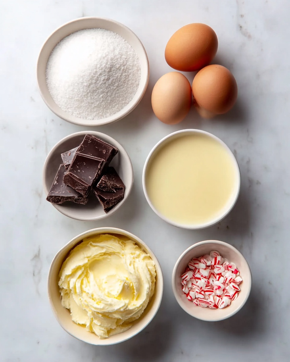 Peppermint Meringues with Chocolate Drizzle Recipe 4 The image shows six separate white bowls and three brown eggs on a white marbled surface. One bowl contains white granulated sugar with a fine texture. Another bowl holds dark brown chocolate pieces in uneven shards. A larger bowl contains a pale yellow, soft butter with a creamy texture. Next to it is a bowl filled with smooth pale yellow cream. There is also a small bowl filled with crushed peppermint sticks in white with red stripes. Three whole brown eggs are placed near the bowls. photo taken with an iphone --ar 4:5 --v 7