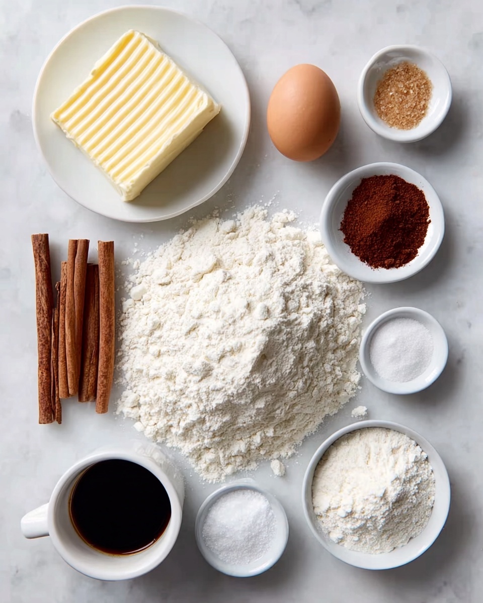 Gingerbread Man Cookies Recipe 4 The image shows a collection of baking ingredients arranged on a white marbled surface. At the center, there is a large pile of white flour with a soft texture. On the right side, a single brown egg rests next to a small white bowl filled with light brown sugar. Above the flour, there is a white plate holding a block of pale yellow butter with visible ridges. To the left of the butter, three cinnamon sticks are placed next to a small white bowl of fine white granulated sugar. Below these, a small white bowl contains a reddish-brown powder, and next to it, a white pitcher holds a dark brown liquid, likely vanilla extract. Another small white bowl with a light white powder is placed near the bottom right corner. The overall arrangement is neat, with a clean and bright look. Photo taken with an iphone --ar 4:5 --v 7