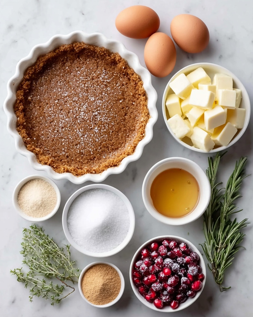 Eggnog Cheesecake with Rum and Spices Recipe 4 The image shows several ingredients arranged neatly on a white marbled surface. In the center is a white tart dish with a brown crumb crust pressed along the edges and base, dusted lightly with sugar. Surrounding it are small white bowls containing cubed butter, bright red pomegranate seeds with a dusting of sugar, golden honey, white granulated sugar, light brown cinnamon powder, and off-white yeast powder. Three brown eggs are positioned near the top right, and two sprigs of fresh rosemary rest diagonally on opposite sides of the setup. The overall arrangement is clean and organized, with a focus on natural, earthy colors and textures. photo taken with an iphone --ar 4:5 --v 7
