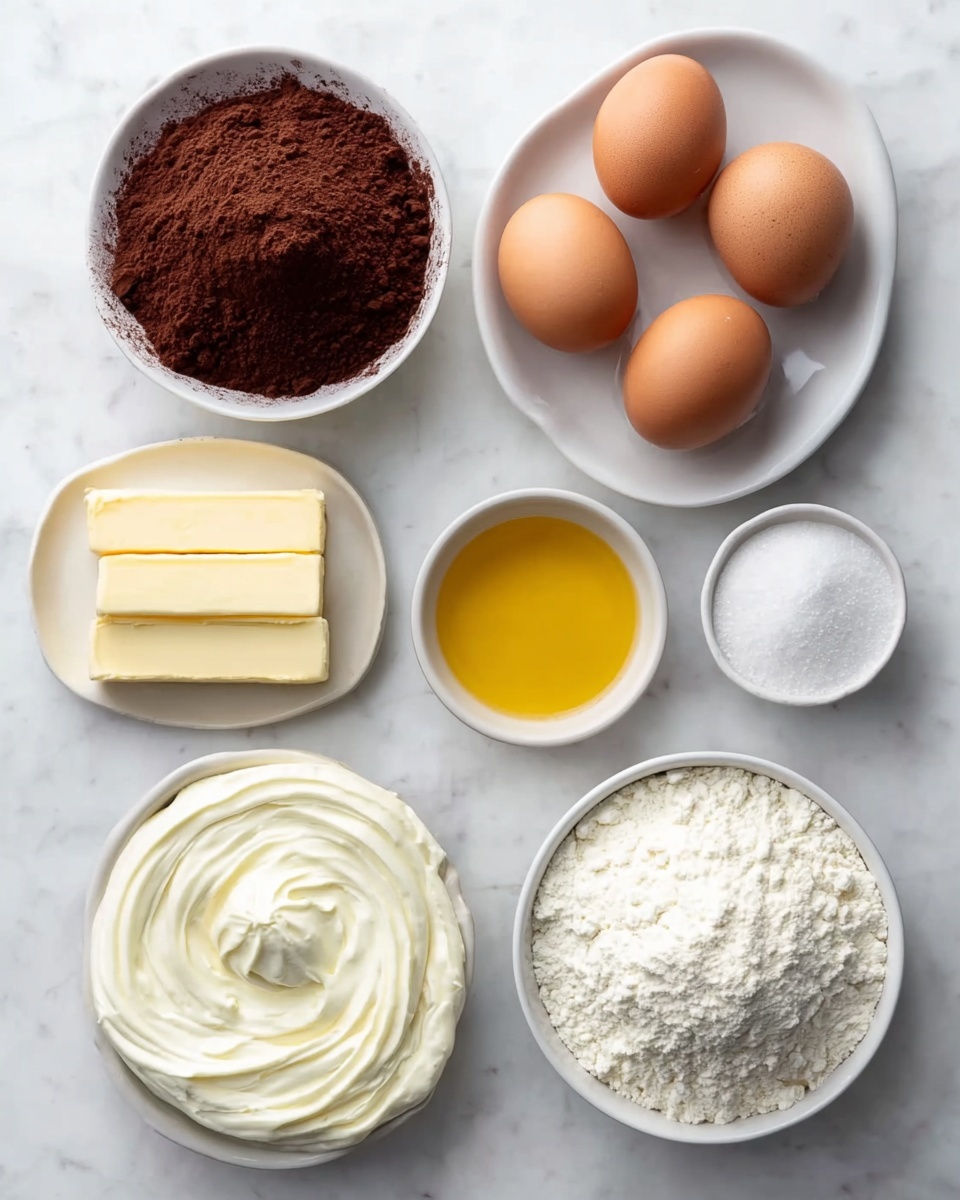 Christmas Whoopie Pies with Marshmallow Filling Recipe 4 The image shows seven white bowls and plates placed on a white marbled surface, each holding a different ingredient. Starting from the top left, there is a round bowl filled with dark brown cocoa powder with a slightly rough texture. To its right, four whole brown eggs are placed directly on the marble, smooth and shiny. Below the eggs, a small round dish contains white granulated sugar. To the left of that, a round bowl holds two rectangular sticks of pale yellow butter, neatly stacked. Next to the butter, a small bowl has a pool of golden yellow liquid, likely oil, with a smooth surface. Below the oil, a round bowl is filled with a creamy white substance, soft and fluffy with swirled texture. Finally, to the right of that, an oval bowl is filled with fine white flour, lightly mounded with a powdery texture. photo taken with an iphone --ar 4:5 --v 7