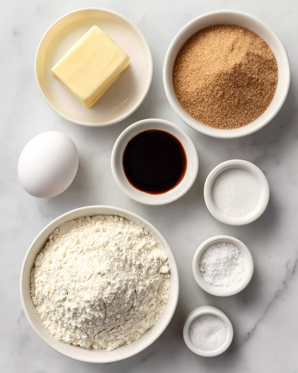 Crispy Gingersnap Cookies Recipe 4 The image shows eight white bowls and one egg arranged neatly on a white marbled surface. The largest bowl at the bottom contains a heap of white flour with a slightly crumbly texture. Above it to the left is a medium bowl holding a solid block of pale yellow butter. To the right of the butter is a bowl filled with a mound of light brown sugar granules. Near the center is a smaller bowl containing white granulated sugar. Next to it on the right is a bowl filled with a dark brown liquid, likely vanilla extract, having a shiny surface. Below that is a tiny bowl with coarse white salt crystals. Adjacent to the salt, another small bowl displays fine granular white yeast. Finally, on the left side near the smaller bowls, there is a single white egg adding a smooth oval shape to the composition. photo taken with an iphone --ar 4:5 --v 7