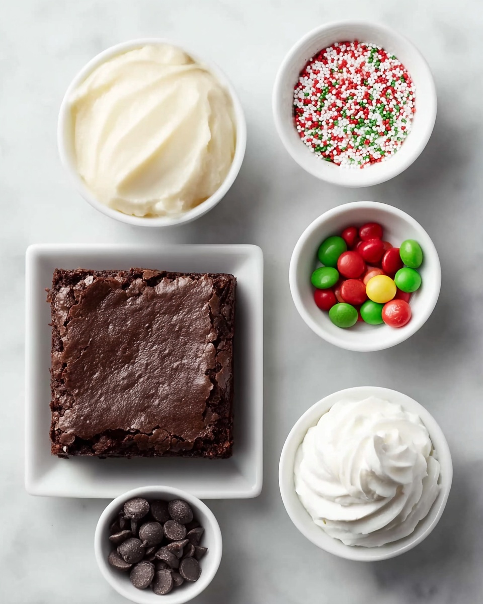 Festive Christmas Brownie Shapes Recipe 4 In the image, there is one thick, square piece of dark brown brownie with a textured top placed on a white marbled surface. Around it are five small white bowls, each with a different ingredient: one bowl has smooth, creamy white frosting; one bowl holds bright red, green, and yellow round candies; another bowl contains dark brown chocolate chips; a fourth bowl is filled with a white whipped cream that looks soft and fluffy; the last bowl has small round sprinkles in white, red, and green colors. The items are neatly arranged, showing a clean and simple setup. photo taken with an iphone --ar 4:5 --v 7