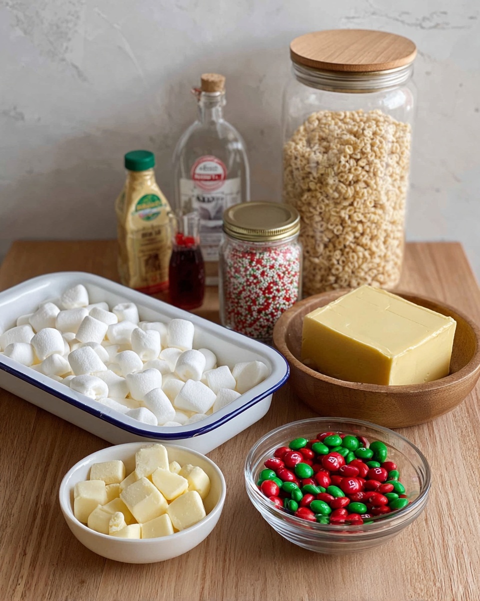 The image shows ingredients arranged on a wooden surface with a white marbled texture in the background. On the left front, there is a white enamel tray with blue edges filled with large white marshmallows. In the center front, a small white bowl holds pieces of pale yellow white chocolate. Next to it on the right is a clear glass bowl with red and green candy-coated chocolates. Behind these bowls, from left to right, there is a small bottle of vanilla flavor, a small metal jar with red, white, and green sprinkles, a wooden bowl with a large square block of solid yellow butter, and a tall clear jar filled with puffed rice cereal topped with a wooden lid. The photo taken with an iphone --ar 4:5 --v 7