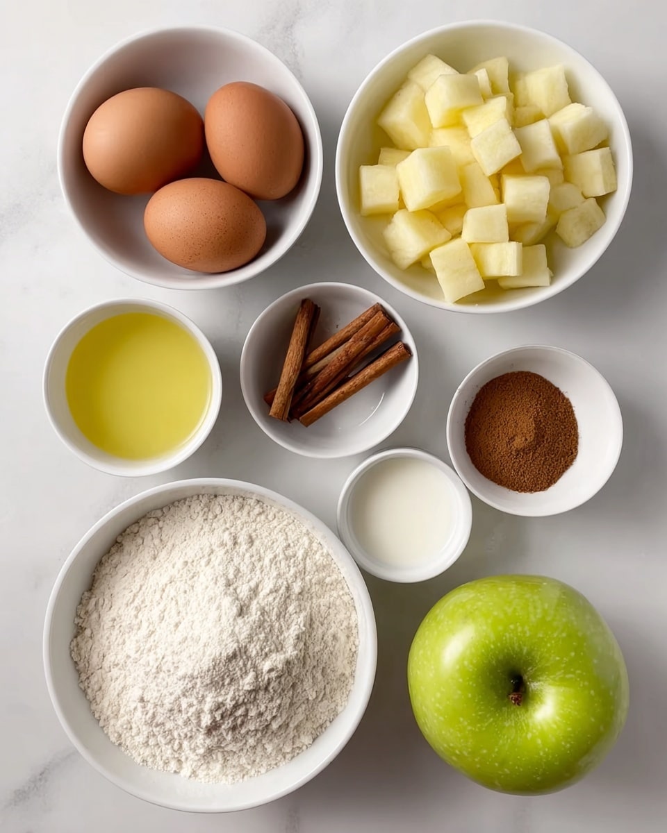 The image shows seven white bowls and three whole brown eggs arranged on a white marbled surface. At the top right, a bowl holds light yellow apple pieces cut into cubes. To its left, two brown eggs and one egg are placed close together. Below the apple pieces, there is a bowl filled with brown sugar next to cinnamon sticks in a small bowl. To the left of the cinnamon sticks is a small bowl with white milk, and directly below the eggs is a bowl with clear yellow oil. At the bottom left is a large bowl filled with white flour, and at the bottom right side of the image sits a shiny green apple, completing the display. photo taken with an iphone --ar 4:5 --v 7