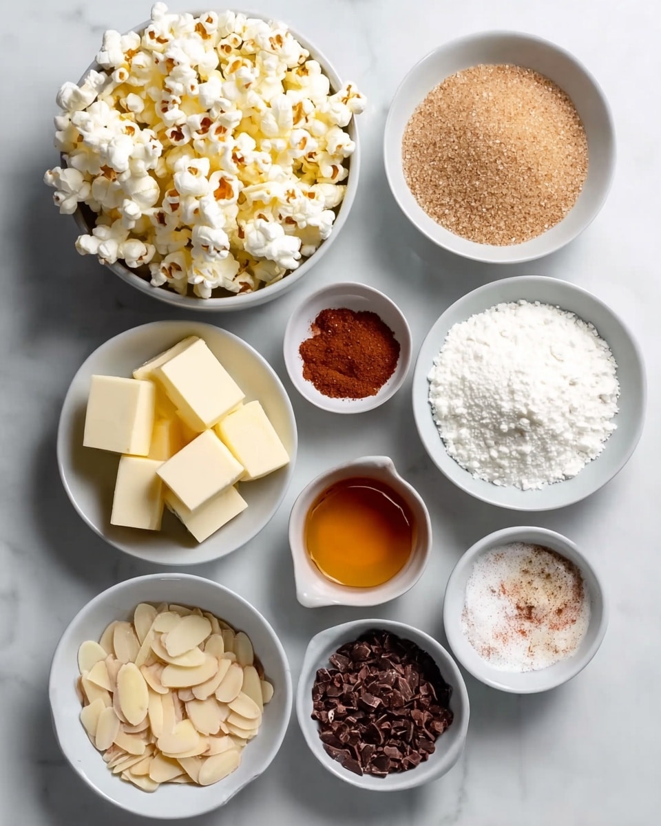 The image shows eight white bowls arranged on a white marbled surface, each filled with different ingredients. At the top left, there is a bowl piled high with white and yellow popcorn with a fluffy texture. To its right, a bowl is full of light brown granulated sugar. Below the popcorn, there is a bowl with several neatly stacked pale yellow butter cubes. In the center, a small bowl holds a golden amber liquid. To the right of this, a bowl is filled with fine white powdered sugar. Below the butter, a bowl is filled with light beige almond slices that have a smooth and slightly curved shape. To the right of the almonds, a small bowl contains a reddish-brown powder, and below it, another bowl holds a dark brown, almost black, finely chopped or ground ingredient. Finally, at the bottom right is a small bowl with white granulated salt mixed with brown spices. All bowls are neatly placed and the image is bright and clear, photo taken with an iphone --ar 4:5 --v 7