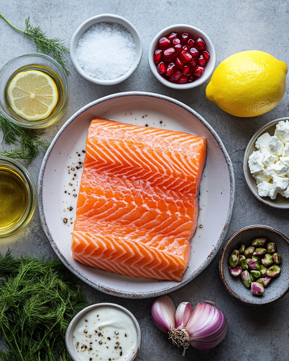 Easy and Festive Christmas Salmon (Holiday Dinner) Recipe 4 A white baking tray lined with white parchment paper holds a baked creamy dish topped with a mix of bright red pomegranate seeds, greenish-brown chopped nuts, and fresh green dill scattered evenly across the surface. To the top left of the tray, two halves of a vibrant red pomegranate with glossy seeds inside sit side by side on the paper. Some pomegranate seeds and chopped nuts are scattered loosely around the dish and pomegranate halves. The whole setup is placed on a white marbled surface, creating a clean, fresh look. photo taken with an iphone --ar 4:5 --v 7