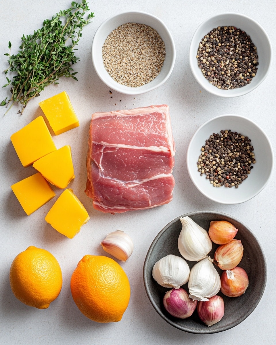 Roast Pork with Seriously Good Crackling Recipe 4 A white rectangular dish with a blue rim holds a layered meal starting with bright green broccolini placed on two sides of the plate. In the center, there is a thick cut of crispy roasted meat with golden-brown skin, topped with fresh sprigs of thyme. Surrounding the meat and filling the gaps are unevenly shaped golden roasted potatoes with a crunchy texture. The dish is set on a white marbled surface with a wooden board nearby holding a small white bowl of a light yellow sauce and a knife with a wooden handle visible on the left side. Photo taken with an iphone --ar 4:5 --v 7