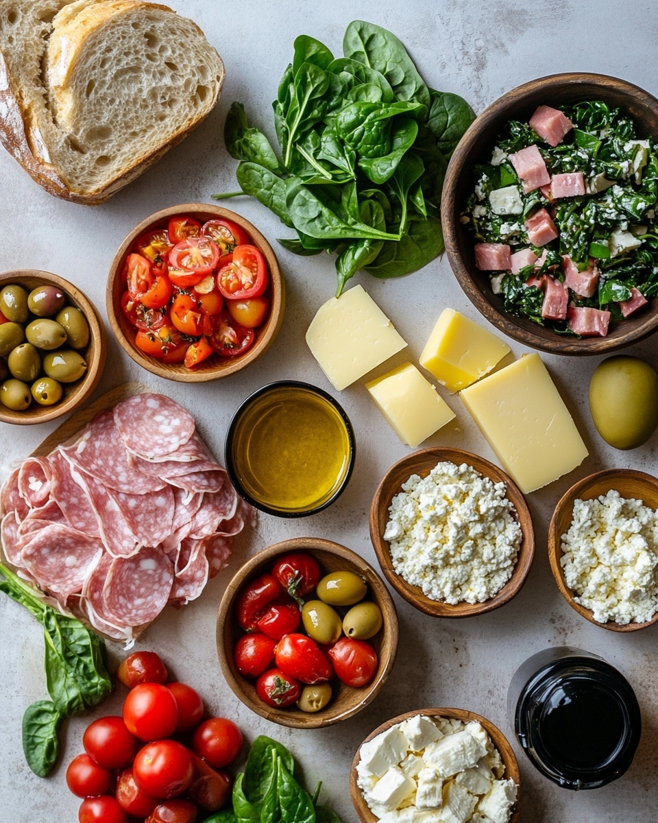 A large sandwich stacked in three thick layers of soft, light brown bread with a slightly crusty texture on the edges. Between each bread layer are bright red slices of roasted peppers, thin slices of pale pink deli meat, leafy green herbs, and thin strips of pale yellow cheese, adding color and texture. On top, the upper layer has fresh green chopped scallions and other mixed greens scattered across. The sandwich sits in front of a dark wooden background dotted with colorful blurry lights, with a white marbled surface underneath. Photo taken with an iphone --ar 4:5 --v 7