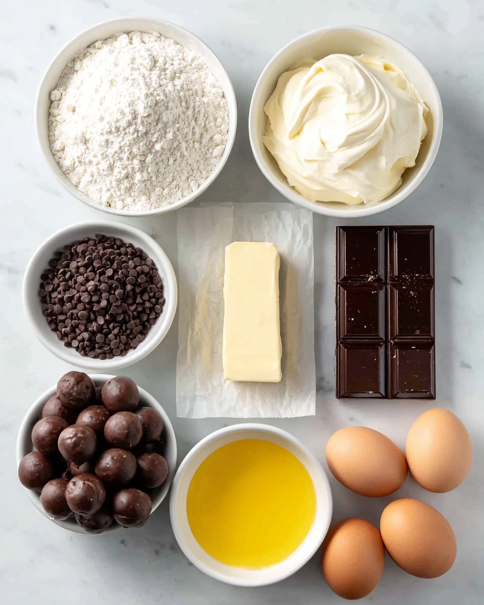 Chocolate Kiss Crinkle Cookies Recipe 4 The image shows various baking ingredients neatly arranged on a white marbled surface. At the top left, there is a white bowl filled with white flour, next to it on the right is another white bowl filled with creamy, pale yellow butter. Below the bowl of flour is a stick of wrapped butter, pale yellow in color, and to the right of the butter stick is a rectangular block of dark chocolate topped with scattered chocolate chips. Underneath, on the bottom left, there is a small white bowl of dark brown cocoa powder, next to it is a small white bowl of golden yellow melted butter. To the right of that is a white bowl filled with fine white powder, likely sugar or salt. Beside this are three light brown eggs placed side by side with a small group of smooth, round dark chocolate-covered balls nearby. All are set on the white marbled surface with soft natural light highlighting the textures and colors of each ingredient photo taken with an iphone --ar 4:5 --v 7
