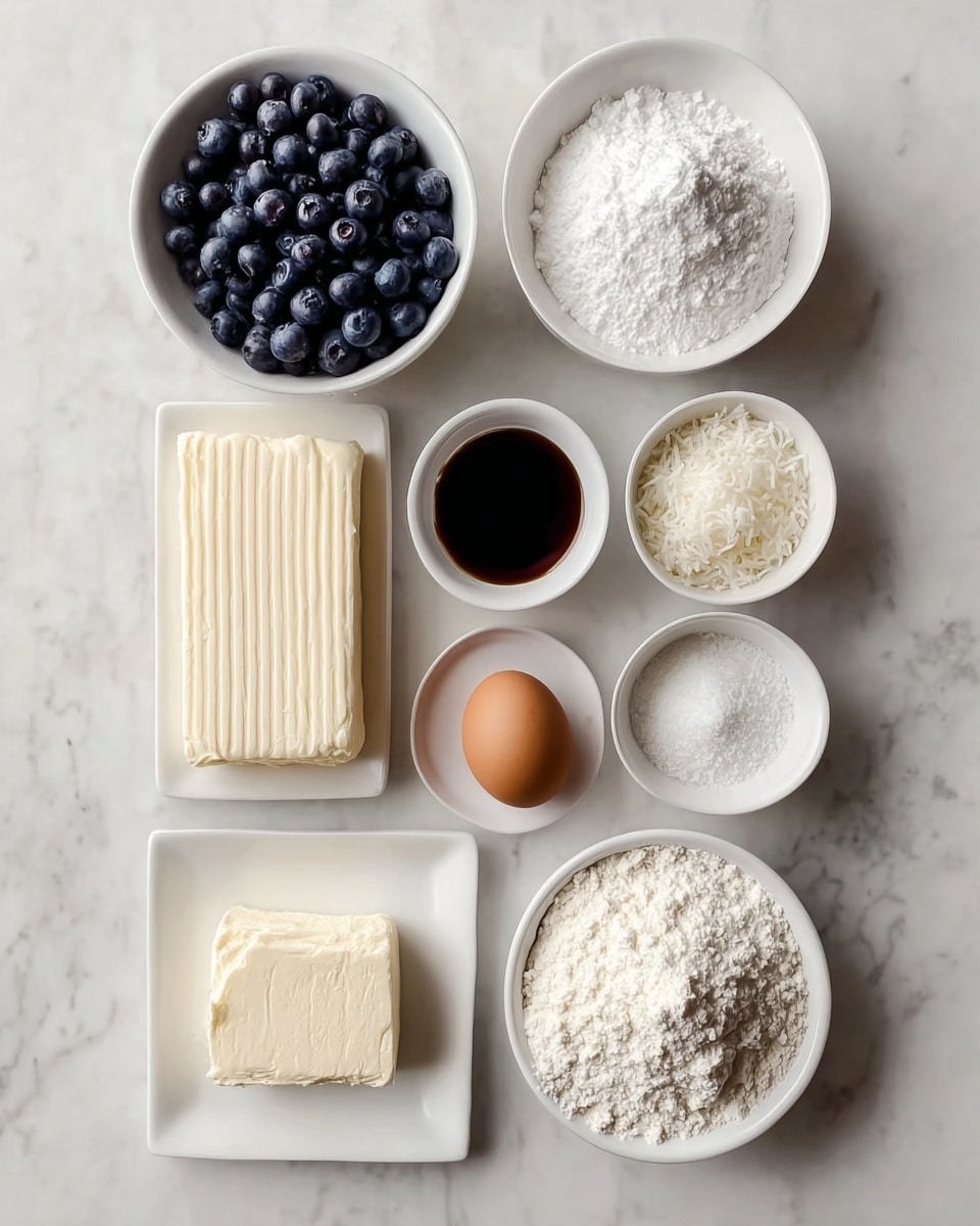 Lemon Blueberry Cheesecake Cookies Recipe 4 The image shows eight ingredients placed on a white marbled surface, each in a small white bowl or plate. At the top left, there is a bowl full of dark blue, round blueberries. Next to it on the right is a scalloped bowl filled with fluffy white powdered sugar. Below the blueberries is a rectangular block of white cream cheese with texture lines, and next to it on the right is a small bowl with dark brown vanilla extract. Beside the extract is a single brown egg. Below the cream cheese block is a white plate holding a white square block of tofu or similar soft cheese. In the center bottom is a small bowl filled with white shredded coconut, and to its right is a small bowl of white granulated sugar. At the bottom right corner is a larger bowl full of white flour, looking powdery and soft. photo taken with an iphone --ar 4:5 --v 7