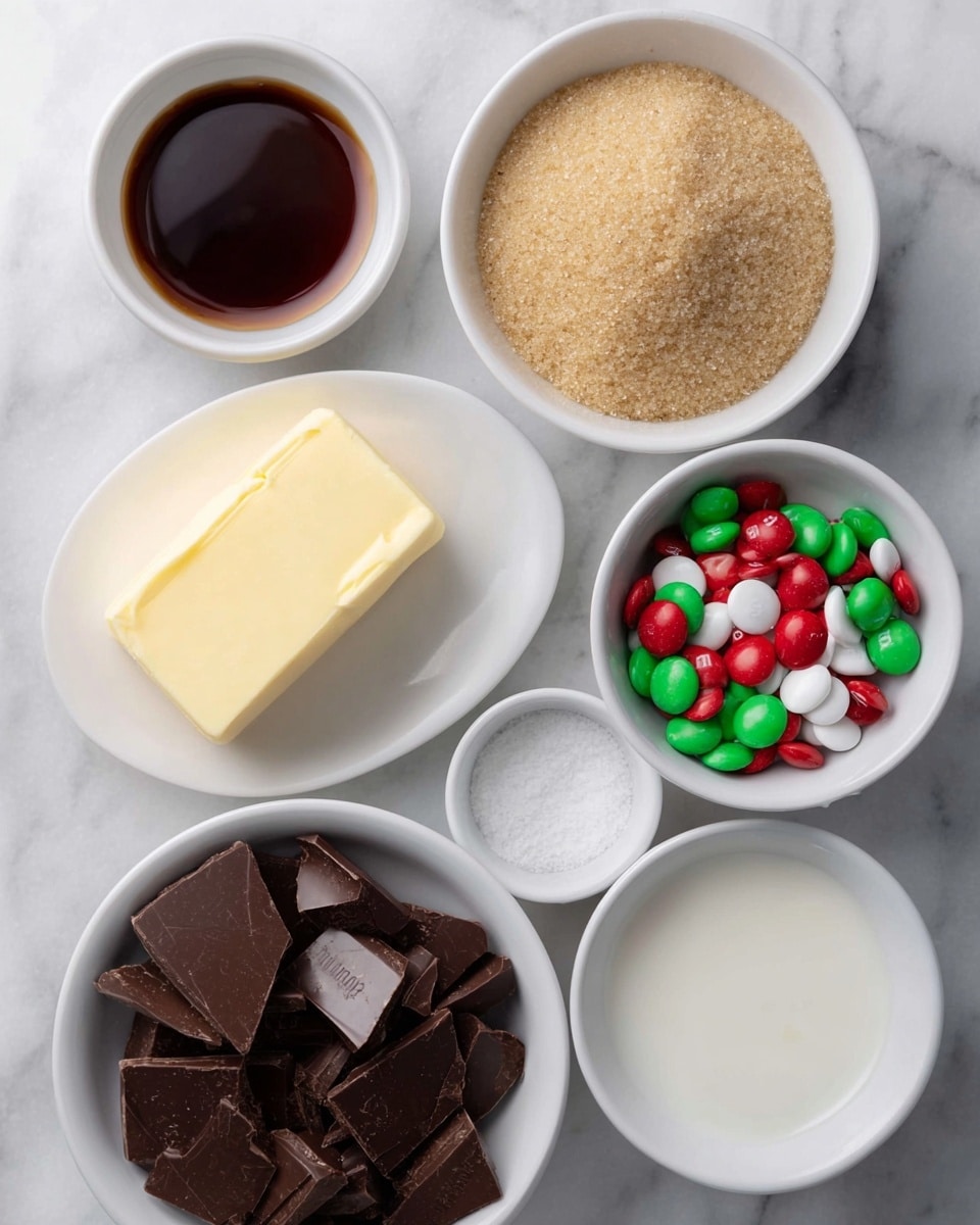 Christmas Magic Cookie Bars Recipe 4 This image shows six small white bowls on a white marbled surface, each with different ingredients arranged neatly. The top right bowl holds a large pile of light brown granulated sugar. Above the sugar bowl is a small bowl filled with dark brown liquid, likely vanilla extract. To the left of the sugar is a square block of pale yellow butter on a small white plate. Below the butter is a white bowl filled with dark brown broken chocolate pieces. In the center is a tiny white bowl with coarse white salt. The bottom right bowl contains a mix of red, green, and white candy-coated chocolates. The bowls are spaced evenly and viewed from above, showing clear texture and colors of each ingredient photo taken with an iphone --ar 4:5 --v 7