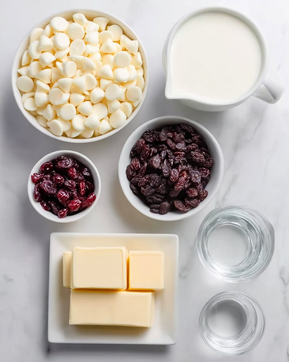 White Chocolate Cranberry Fudge Recipe 4 The image shows six small white dishes on a white marbled surface, each holding a different ingredient. Starting from the top left, there is a bowl filled with a white liquid, next to it on the right is a clear glass cup with water. Below, there is a small bowl full of dark red dried cranberries, and to its right, a white bowl heaped with creamy white chocolate chips. In the bottom left corner, there is a square white plate with four blocks of smooth pale yellow butter. To the right of this plate, there is another white bowl filled with dark, wrinkled raisins. The scene is clean and bright, arranged neatly for cooking or baking preparation, photo taken with an iphone --ar 4:5 --v 7