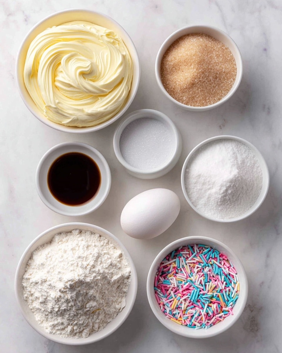 Sprinkle Sugar Cookies Recipe 4 A top-down view of seven white bowls and one white egg arranged neatly on a white marbled surface, each containing different baking ingredients: the largest bowl at the top left is filled with smooth, pale yellow butter with soft swirls; next to it, two smaller bowls hold light brown sugar granules and white sugar crystals; below them, a small bowl contains dark brown vanilla extract; beside it, a bowl is filled with pure white baking powder, and next to it, a whole white egg rests; at the bottom left, a larger bowl holds fine white flour, and at the bottom right, a bowl is full of colorful rainbow sprinkles in pink, green, yellow, blue, and white. photo taken with an iphone --ar 4:5 --v 7
