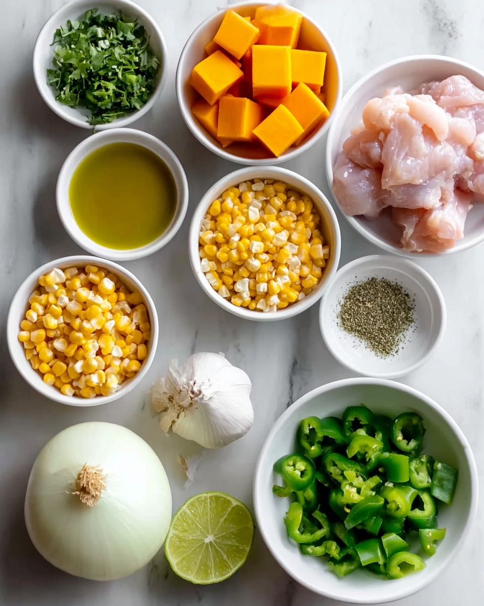 Butternut Squash Green Chile Chicken Soup Recipe 4 The image shows several small white bowls and a white plate arranged on a white marbled surface. In the top center, a large green bell pepper sits next to a bowl filled with bright orange cubed squash. Below, a bowl holds green chopped herbs and sliced green chili peppers, with a bowl of pale green dried seasoning nearby. To the right, a white plate contains raw pink chicken meat. There is also a bowl filled with yellow and white corn kernels, a whole white onion, two garlic bulbs, a halved lime with a pale green inside, and a small bowl of golden olive oil. Photo taken with an iphone --ar 4:5 --v 7