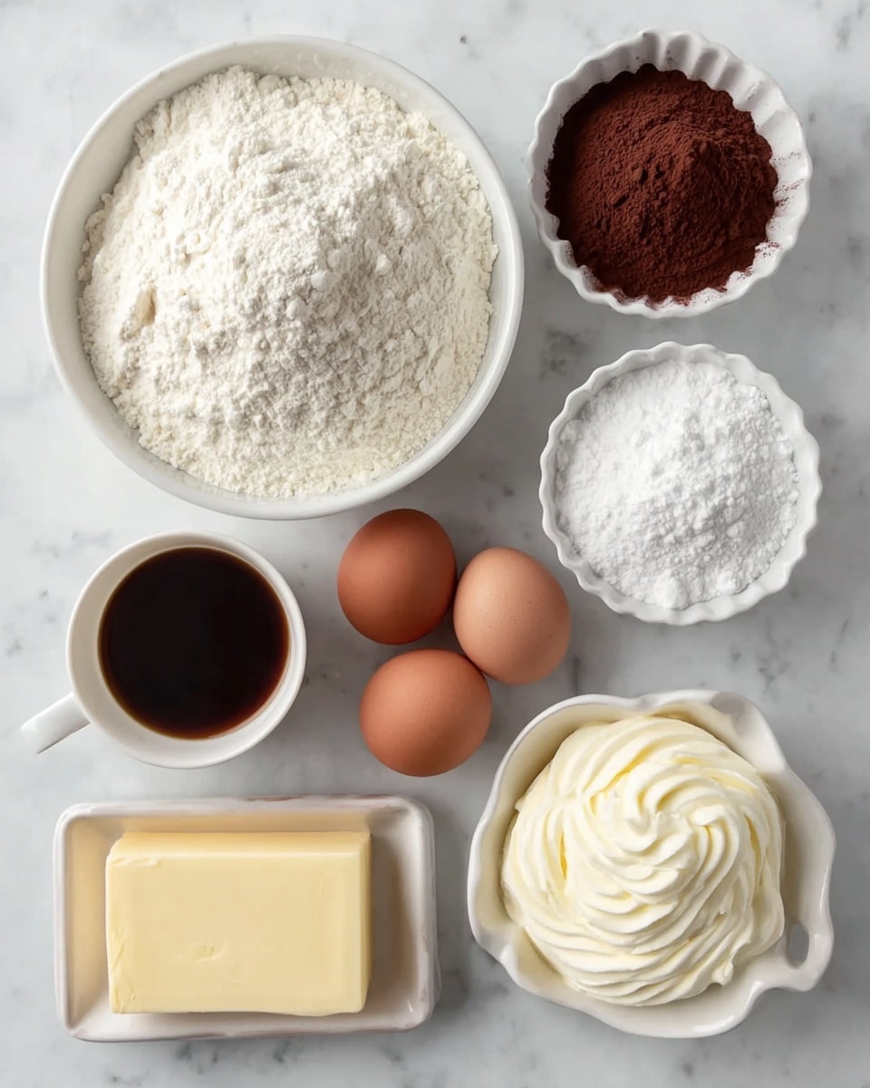 Decadent Chocolate Mayonnaise Cake Recipe 4 The image shows seven white dishes and cups arranged neatly on a white marbled surface. In the top left is a large white bowl filled with white flour, next to it on the right is a smaller white bowl containing dark brown cocoa powder. Below the cocoa powder is a white cup filled with dark coffee. To the left of the coffee cup, there is a small white bowl filled with powdered sugar. Below the bowl of powdered sugar is a white rectangular dish with a block of pale yellow butter. On the right side of the butter are three brown eggs, two lying on the surface and one in a white egg holder. At the bottom right corner, a round white bowl is filled with thick white cream, swirled neatly on top. The photo taken with an iphone --ar 4:5 --v 7