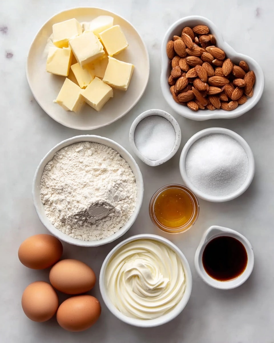 Amaretto Almond Bundt Cake with Almond Icing Recipe 4 The image shows nine white bowls and plates arranged neatly on a white marbled surface, each containing different baking ingredients. At the top left, a white plate holds large yellow cubes of butter stacked in a small pile. To the right, a white triangular bowl is filled with whole brown almonds. Below the butter, a small white bowl holds white granulated sugar. Next to it on the right, a larger white bowl is filled with a heap of white flour. Below the flour, another white bowl shows light cream cheese or sour cream with a smooth, swirled texture. On the bottom left side, there are five brown eggs grouped together. Between the eggs and cream, a small white bowl contains a dark brown liquid, likely vanilla extract. Above that, a small bowl has a golden yellow liquid, possibly honey or syrup. Finally, at the bottom center, a tiny white bowl is filled with a fine white powder, likely baking powder or baking soda. photo taken with an iphone --ar 4:5 --v 7