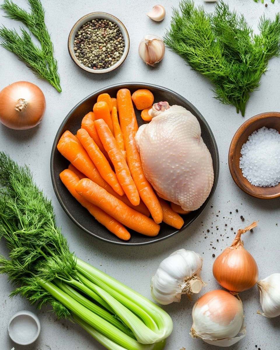 Hearty Chicken Noodle Soup with Fresh Dill Recipe 4 A white bowl filled with a warm soup showing three light beige dumplings in the center, surrounded by curly egg noodles with a pale yellow color, bright orange carrot slices, and shredded light-colored chicken pieces all in a clear broth. The bowl is set on a folded cloth with blue, white, and gray stripes, sitting on a white marbled surface. To the right of the bowl, several square saltine crackers with light brown spots are stacked on the cloth. Part of a black pot filled with more noodles is visible on the left, and a small white bowl with more dumplings sits behind the bowl on the same surface. photo taken with an iphone --ar 4:5 --v 7